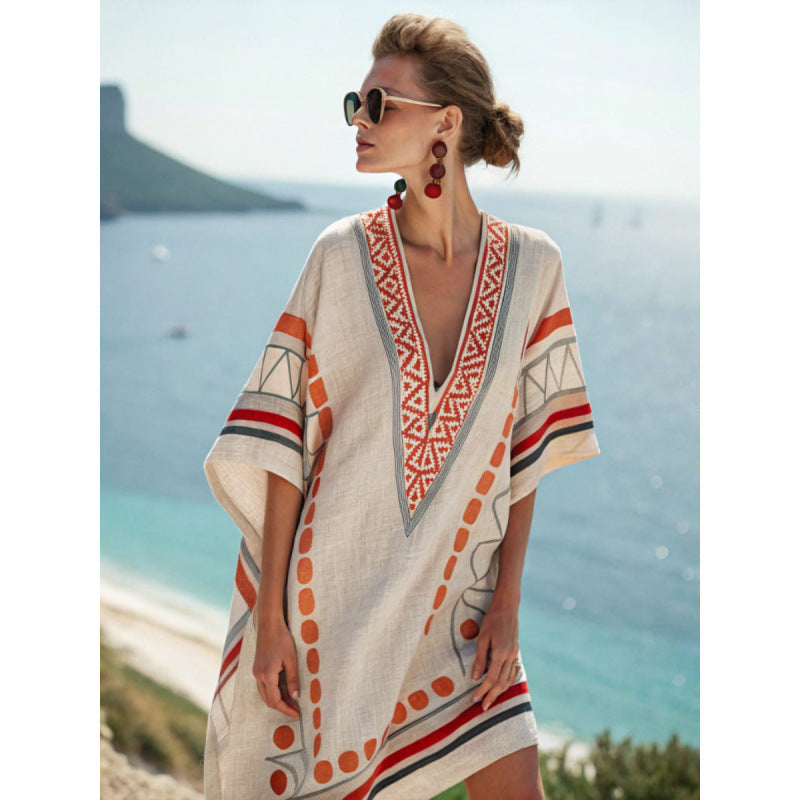 Sukienka kaftanowa boho z haftem dla kobiet - elegancka i zwiewna