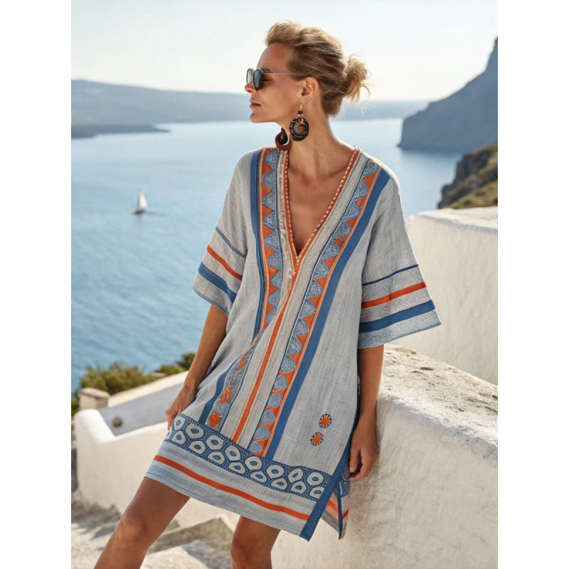 Sukienka kaftanowa boho z haftem dla kobiet - elegancka i zwiewna
