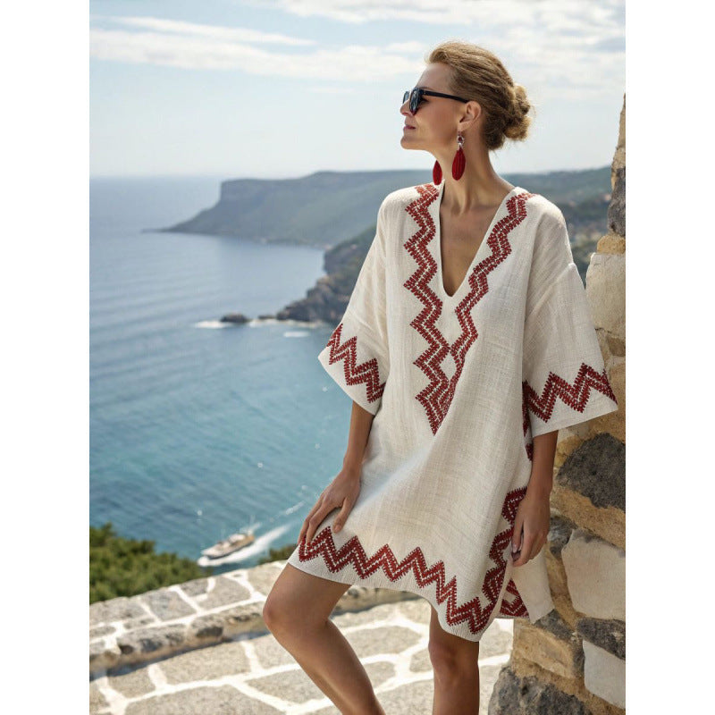 Sukienka kaftanowa boho z haftem dla kobiet - elegancka i zwiewna