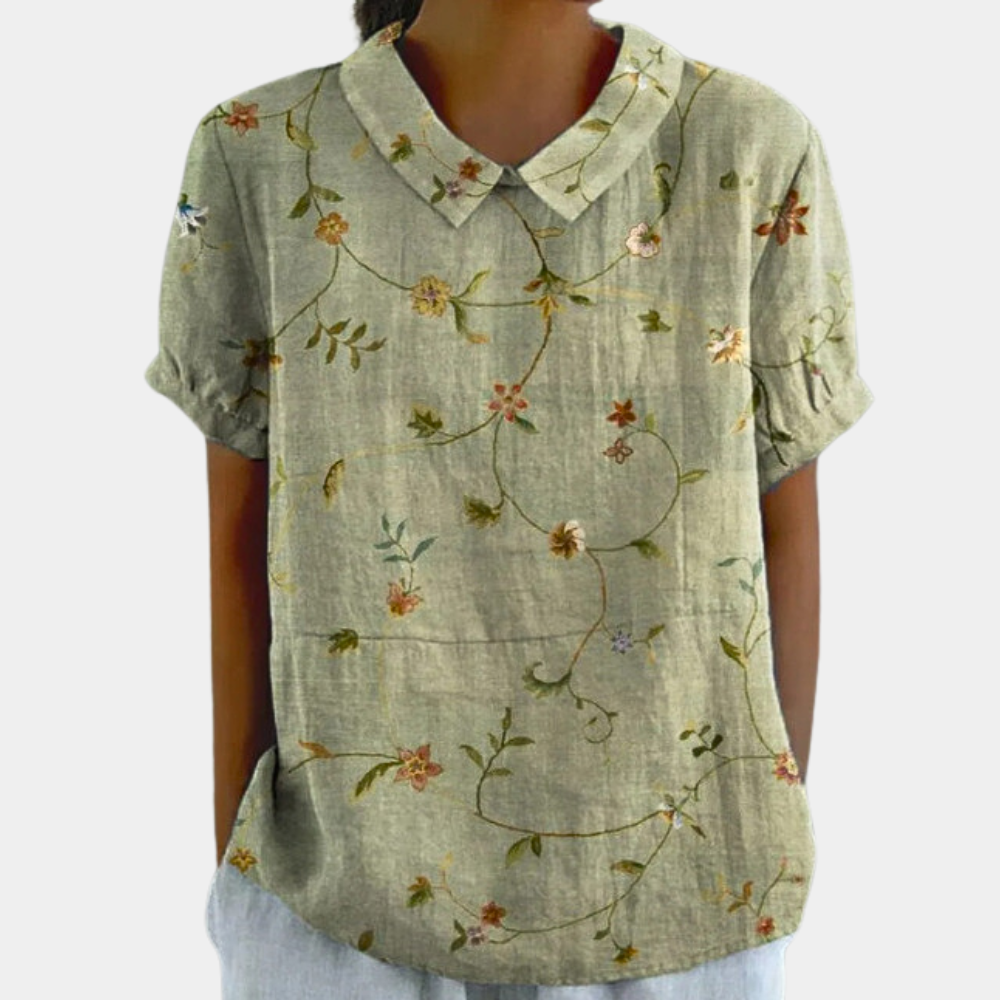 Bruna Women's Shirt – Casual Short Sleeve Top with Pastoral Floral Print & Round Neck