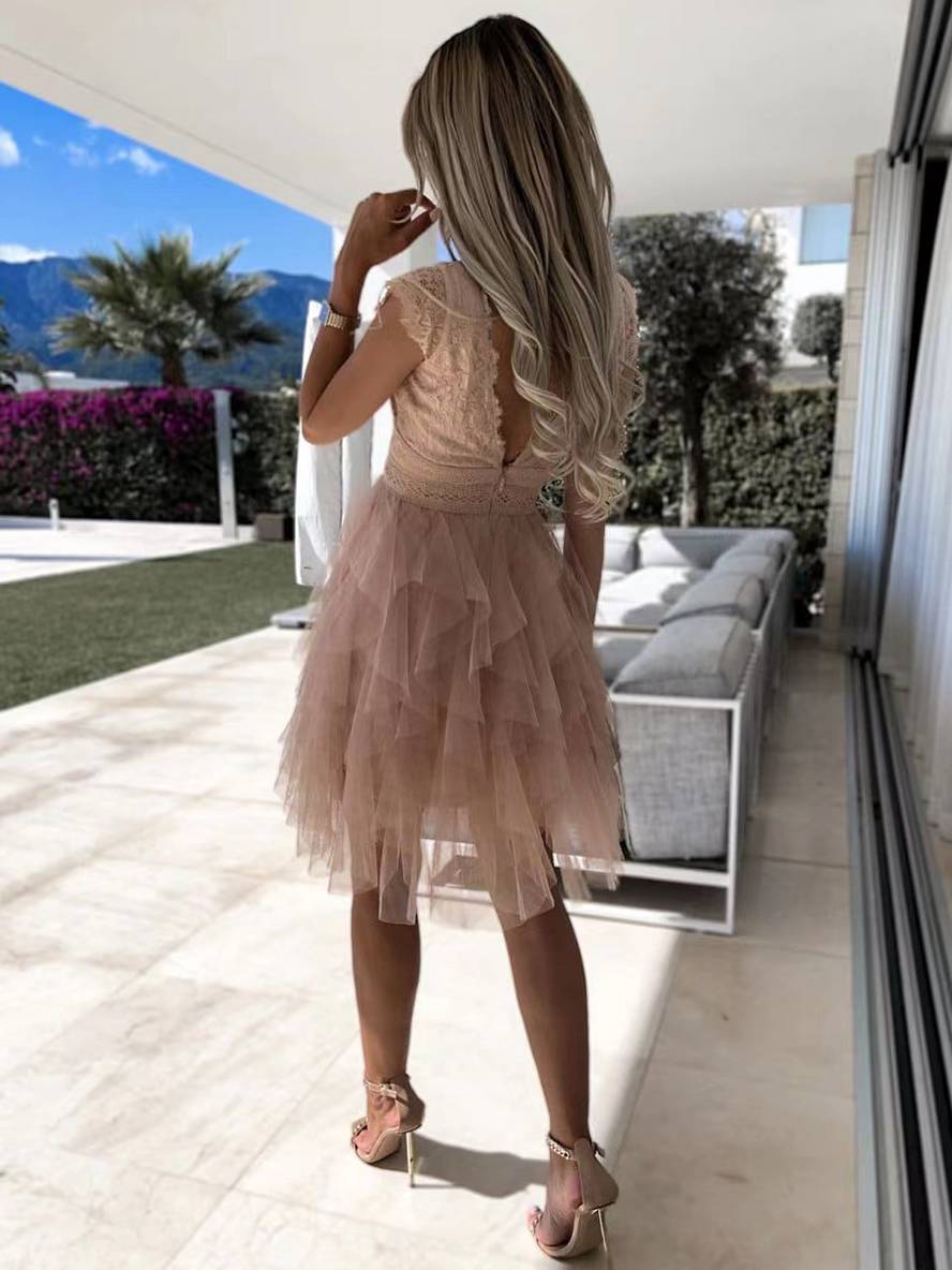 Wendy Φόρεμα Κοκτέιλ Γυναικείο – Κοντό Αμάνικο Φόρεμα από Τούλι σε Στυλ Τούτου με V Ντεκολτέ και Ανοιχτή Πλάτη