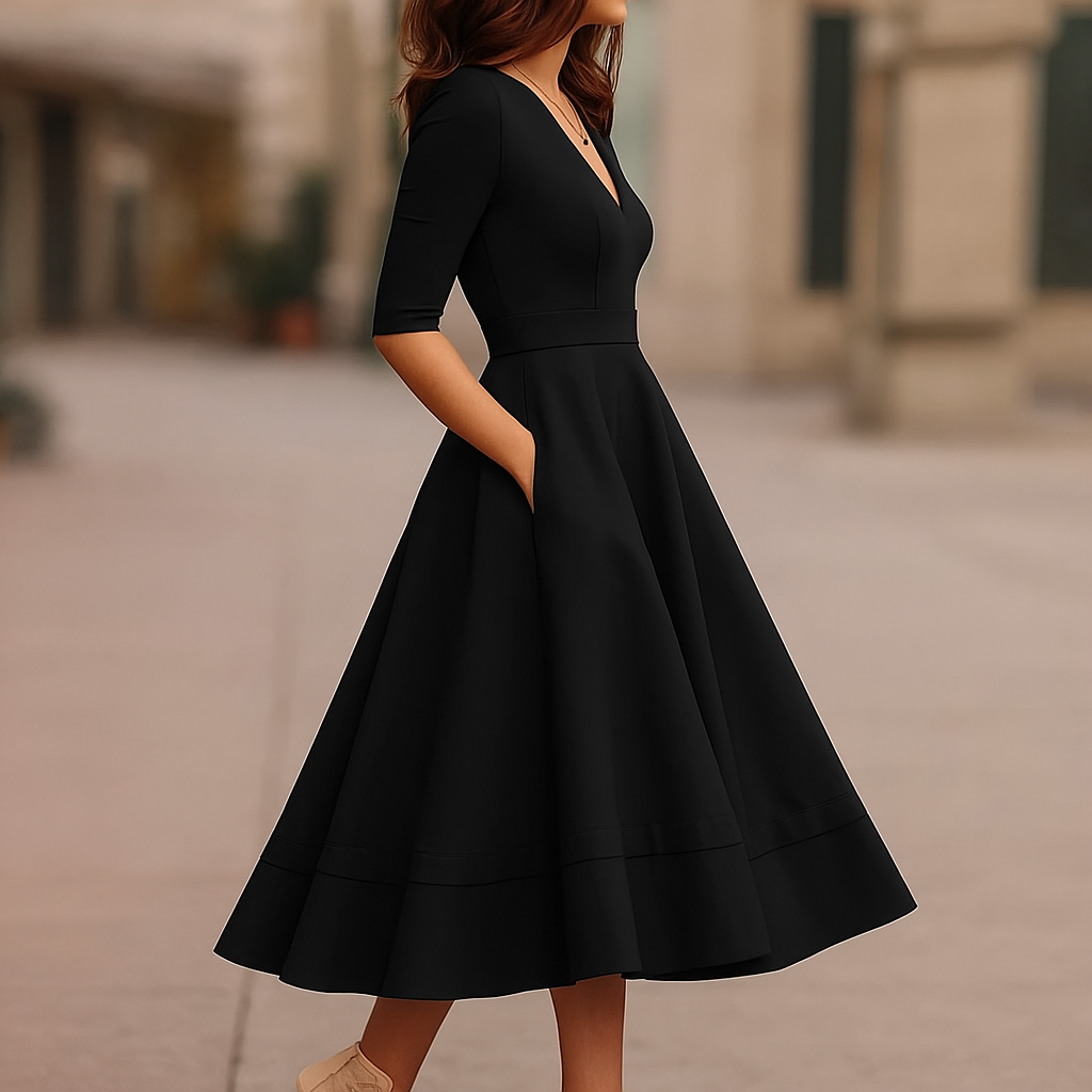 Flared Midi Dress with V-Neck and Short Sleeves