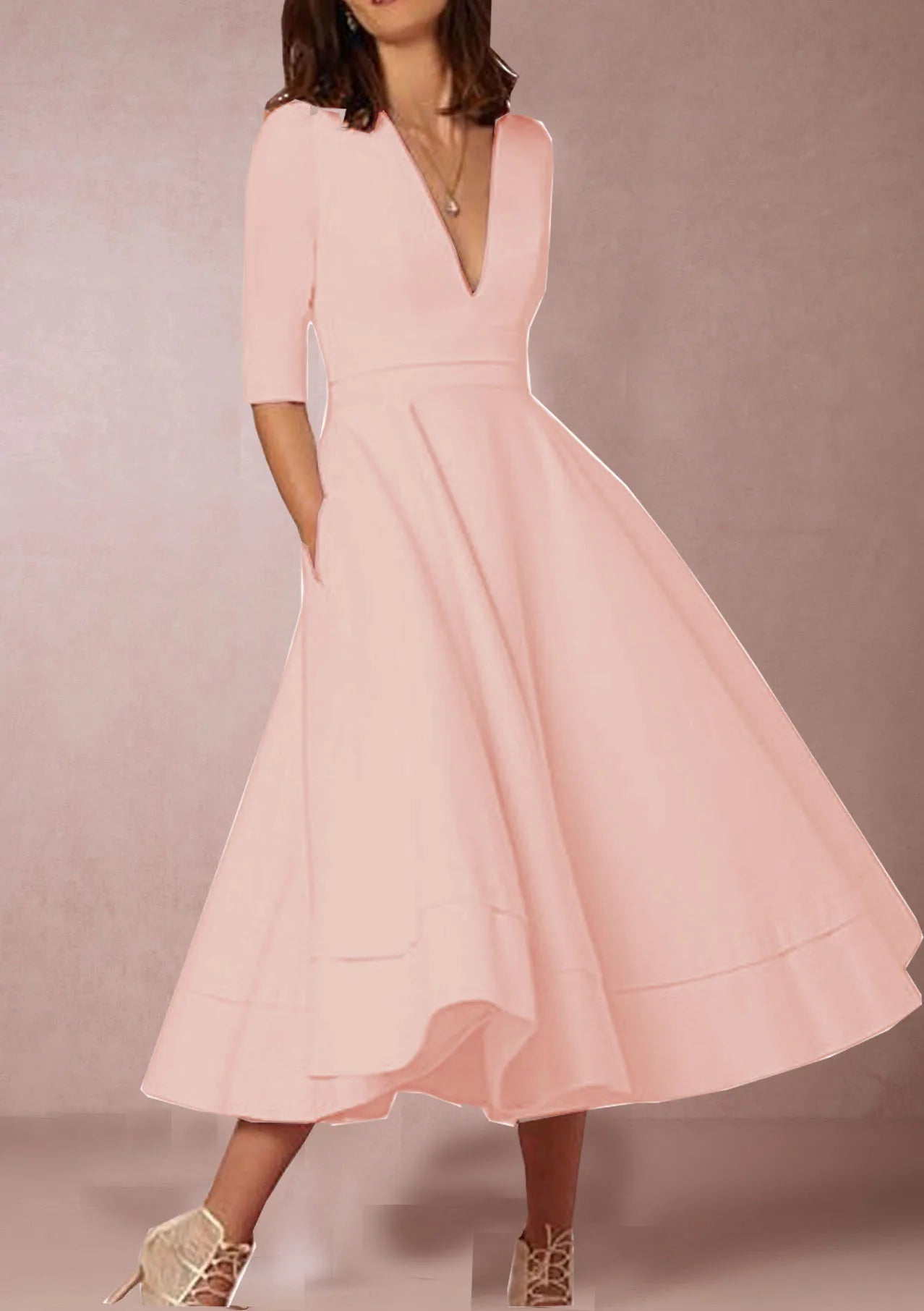 Flared Midi Dress with V-Neck and Short Sleeves