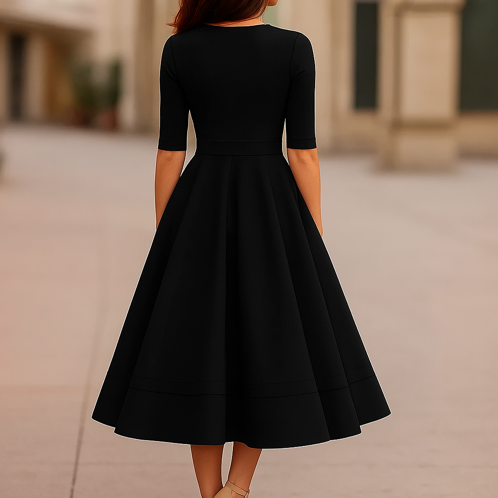 Flared Midi Dress with V-Neck and Short Sleeves