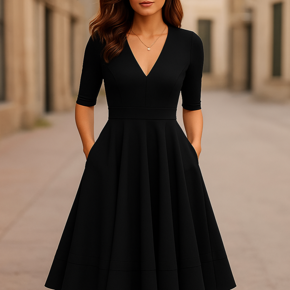 Flared Midi Dress with V-Neck and Short Sleeves
