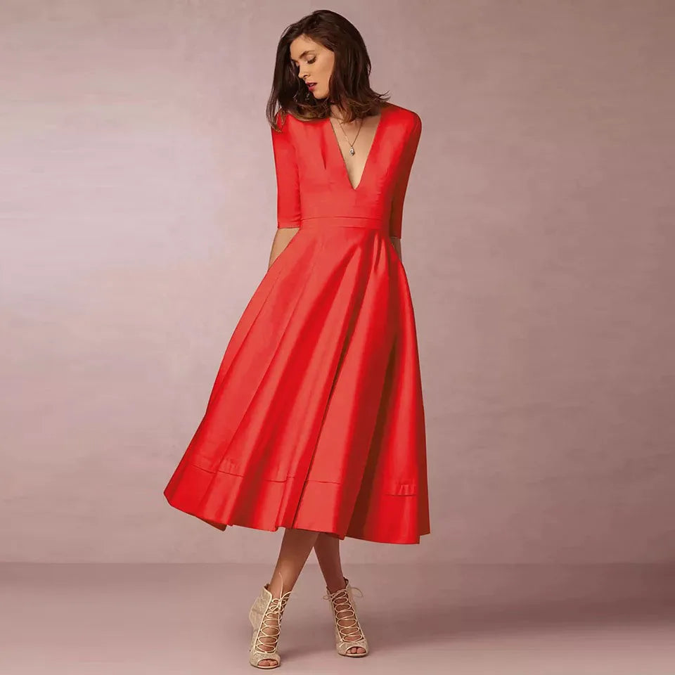 Flared Midi Dress with V-Neck and Short Sleeves