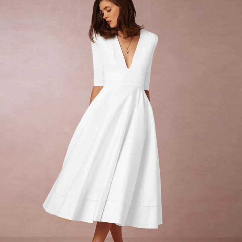 Flared Midi Dress with V-Neck and Short Sleeves