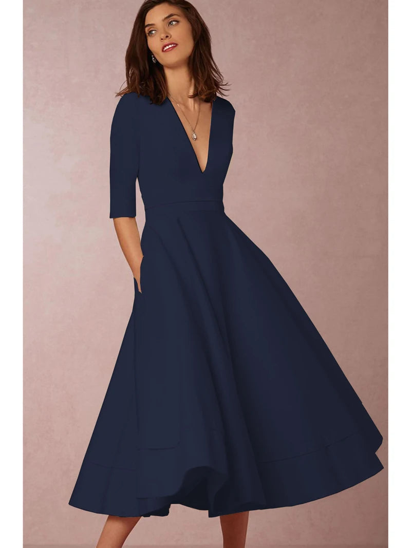 Flared Midi Dress with V-Neck and Short Sleeves