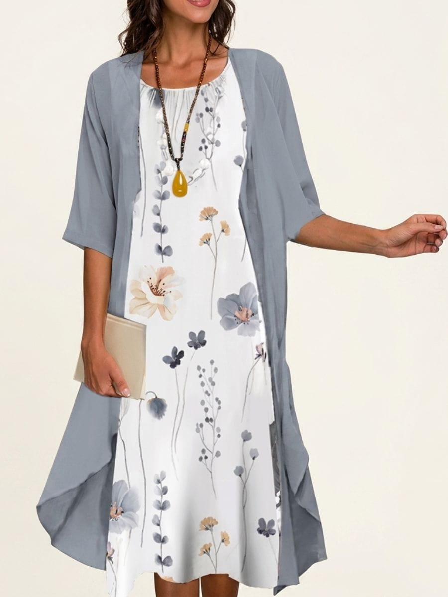 Abito Midi Floreale con Coprispalle in Chiffon
