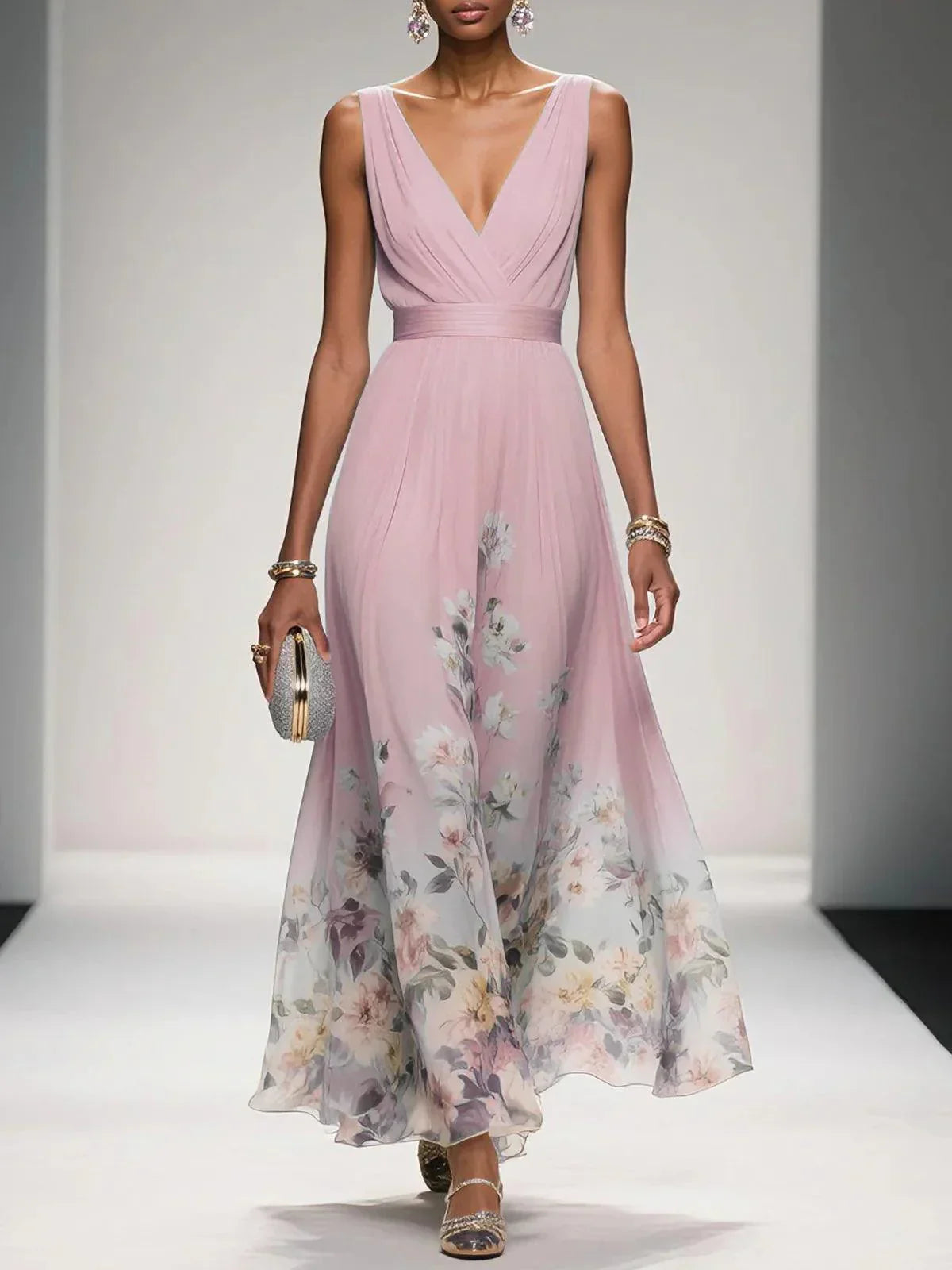 Abito lungo floreale da cerimonia con scollo a V