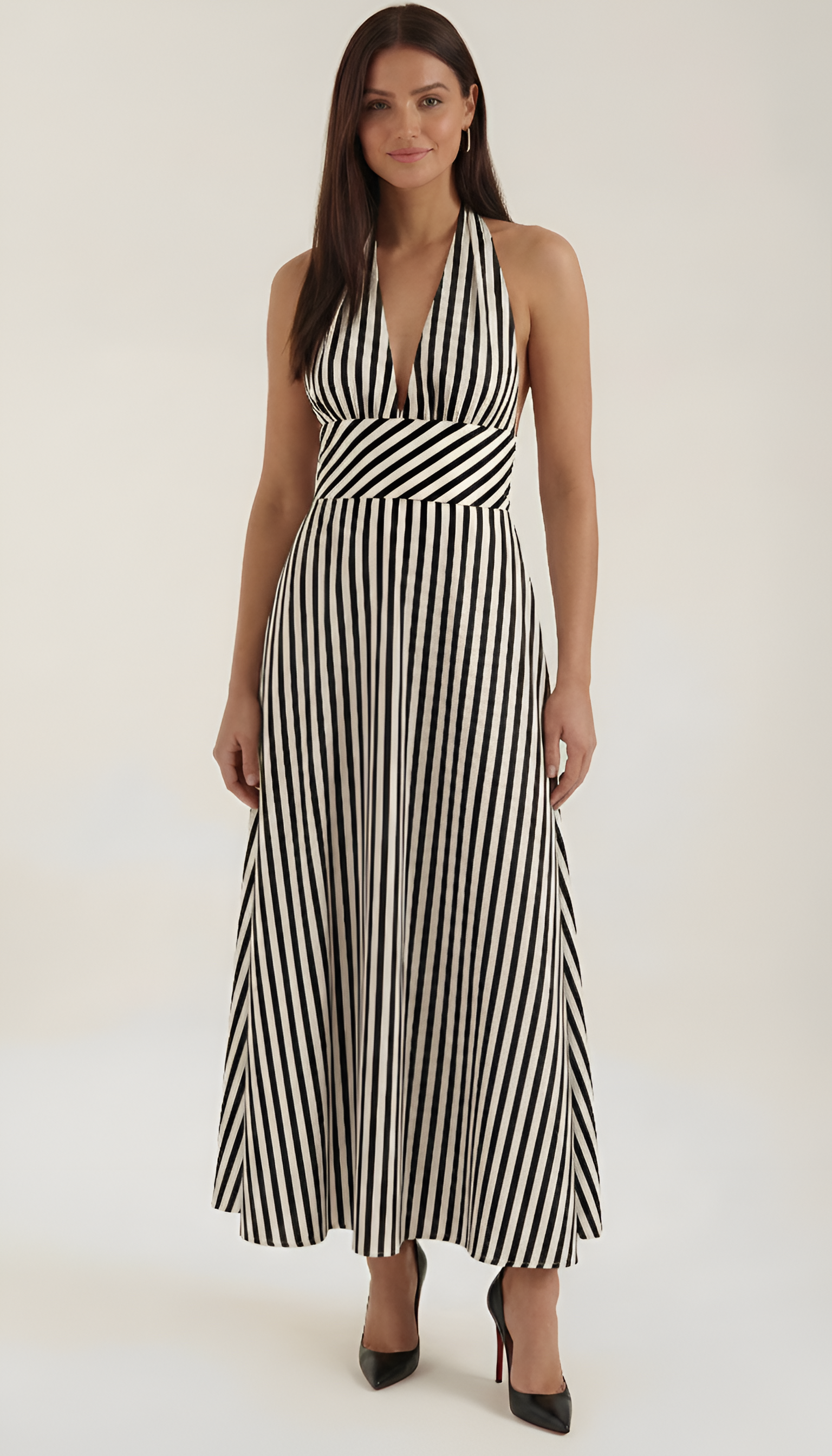 Vestido largo a rayas con escote en V y espalda descubierta para mujer