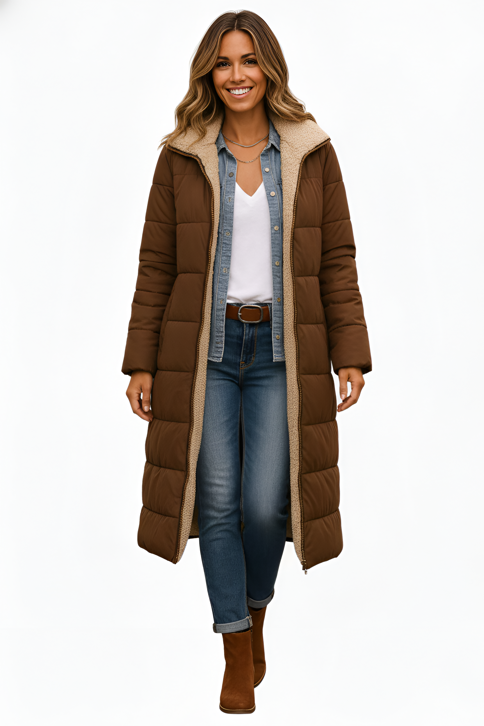 Valerios Fashion dlouhý dámský péřový kabát s podšívkou z beránčí kůže