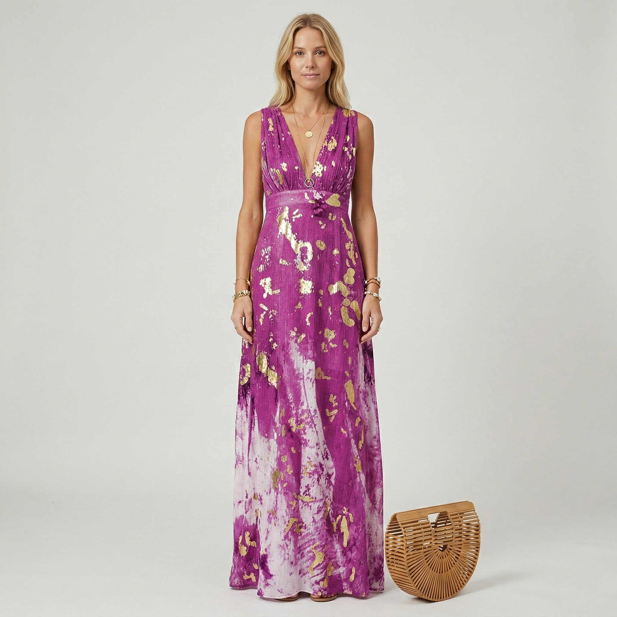 Dlhé dámske šaty s výstrihom do V bez rukávov, elegantné spoločenské šaty