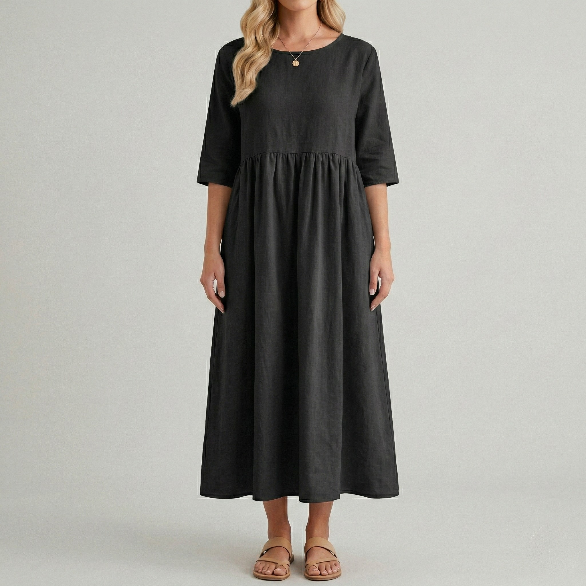 Vestito midi donna in cotone con maniche corte e tasche laterali casual