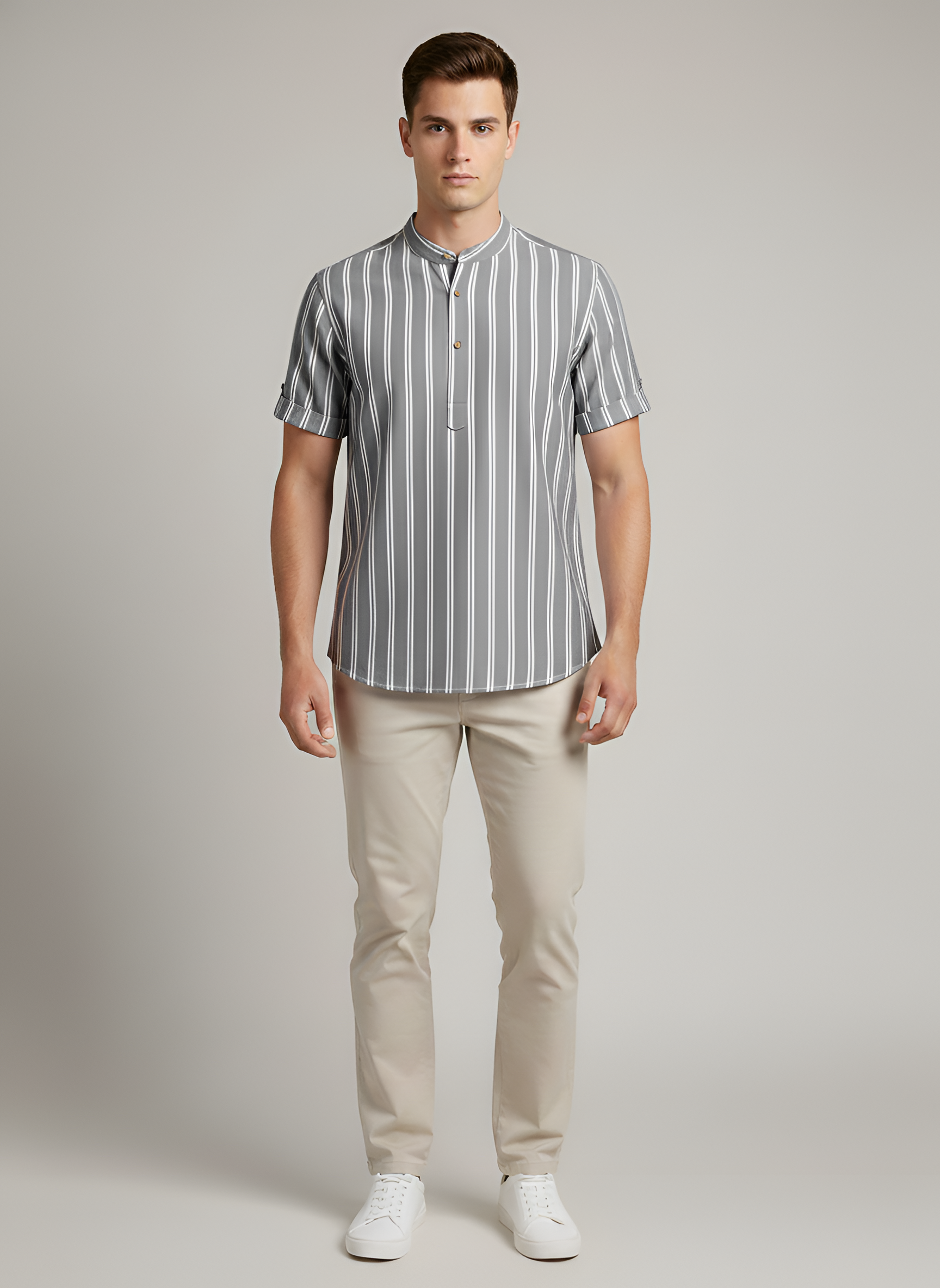 Koszula męska w paski z krótkim rękawem i kołnierzem typu koreańskiego z bawełny