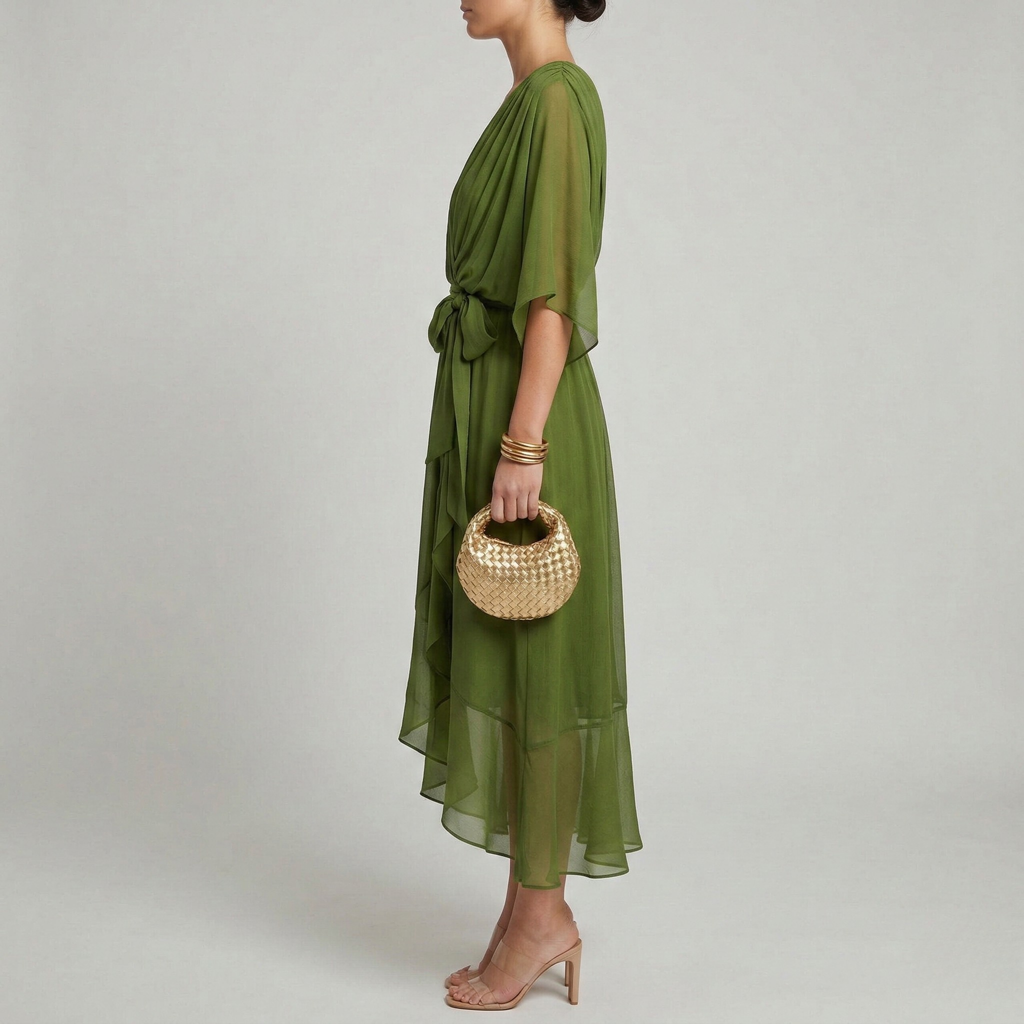 Vestido longo de mulher com decote em V e cinto, vestido elegante de verão com mangas largas