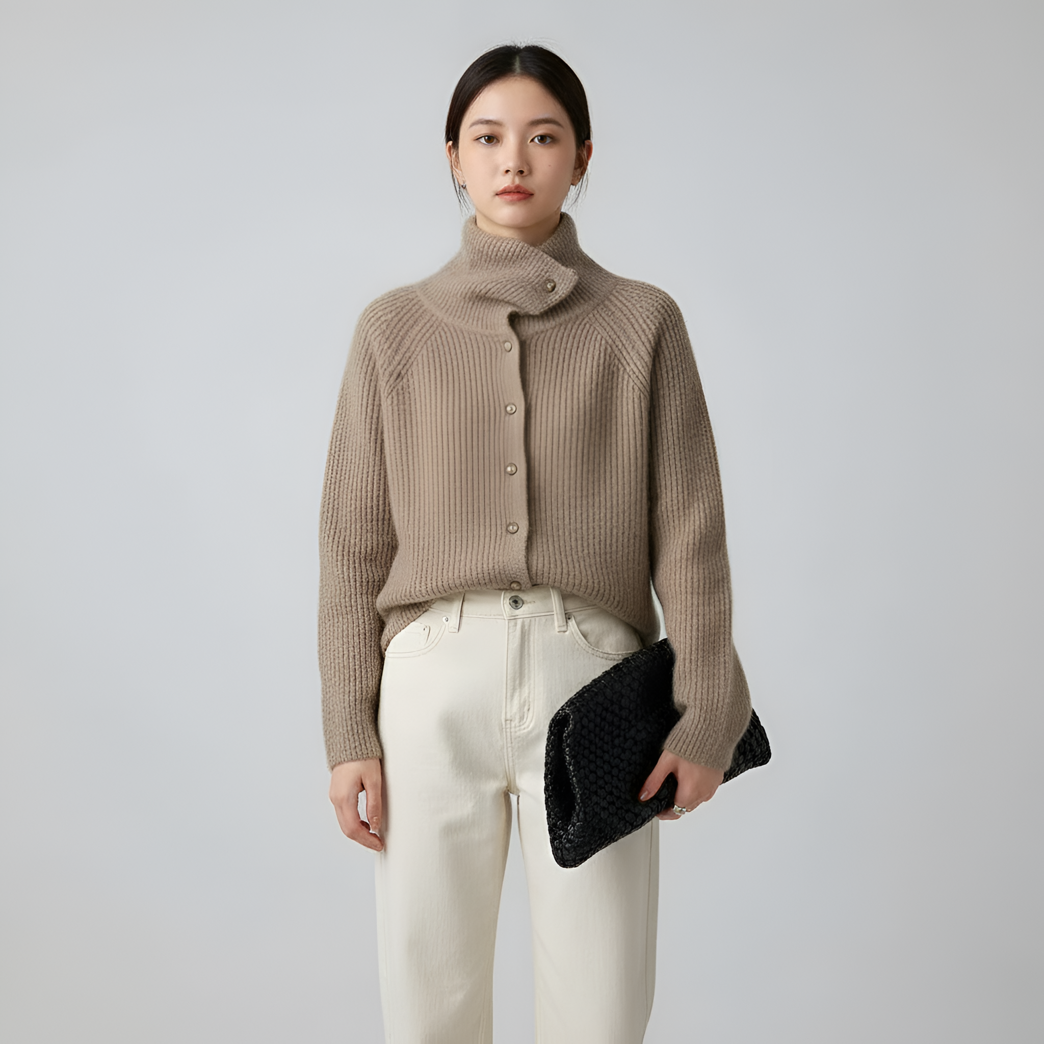 Cardigan de moda Valerios para mujer en lana con botones, cuello alto, ajuste regular