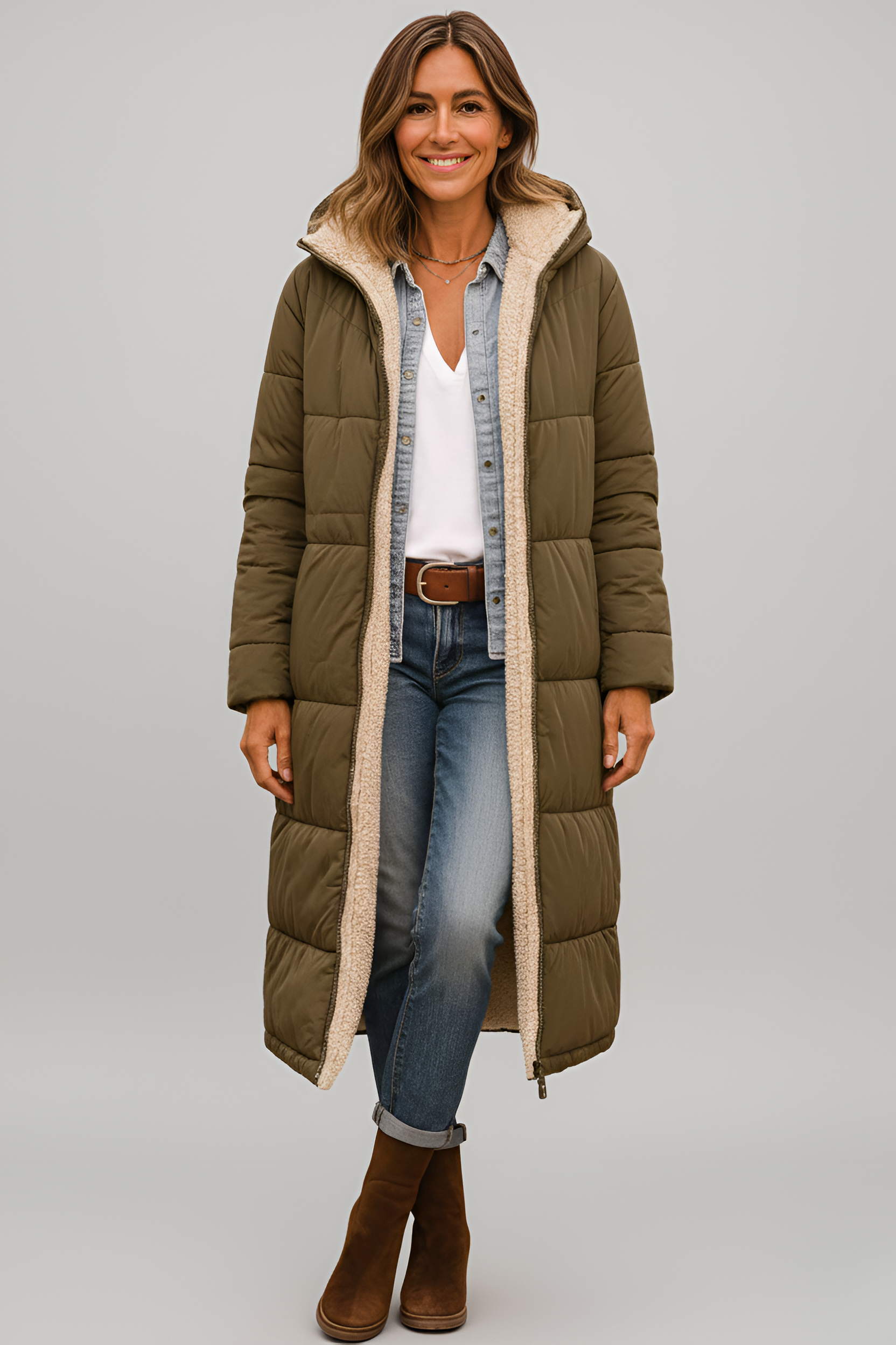 Valerios Fashion dlouhý dámský péřový kabát s podšívkou z beránčí kůže