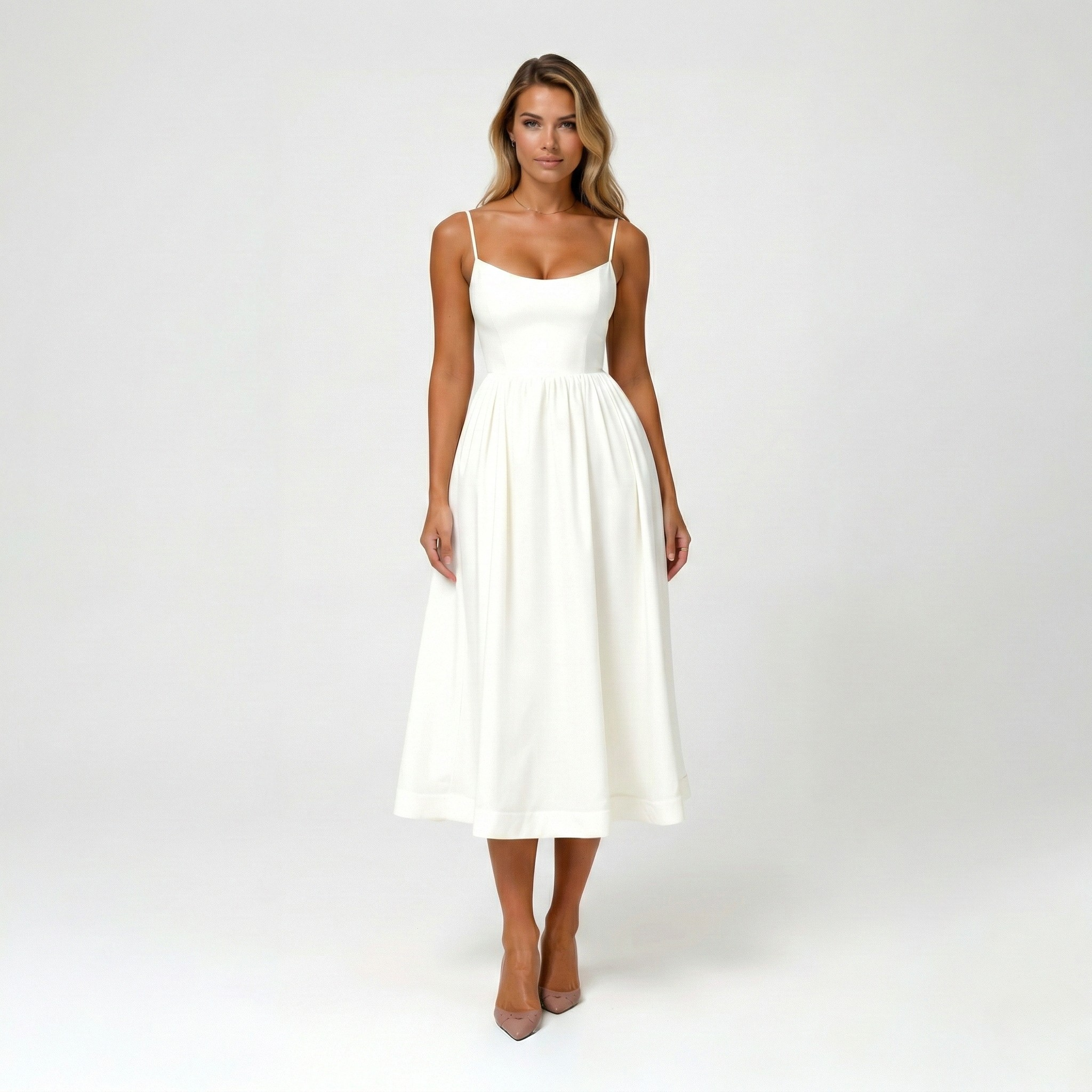 Vestido midi elegante para mulher com alças finas e saia ampla fluida