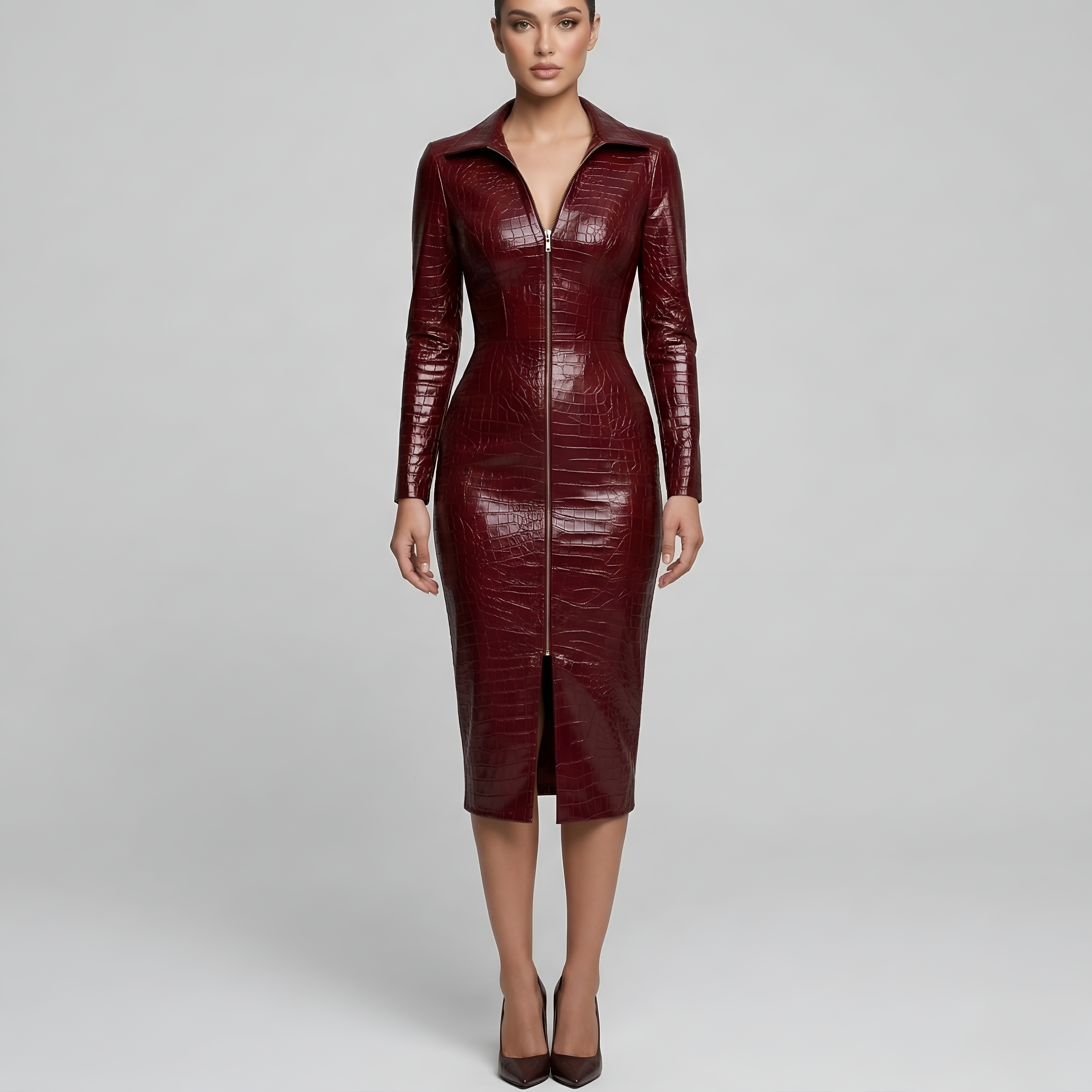 Vestido ajustado de mujer efecto piel con cremallera frontal y mangas largas vestido midi