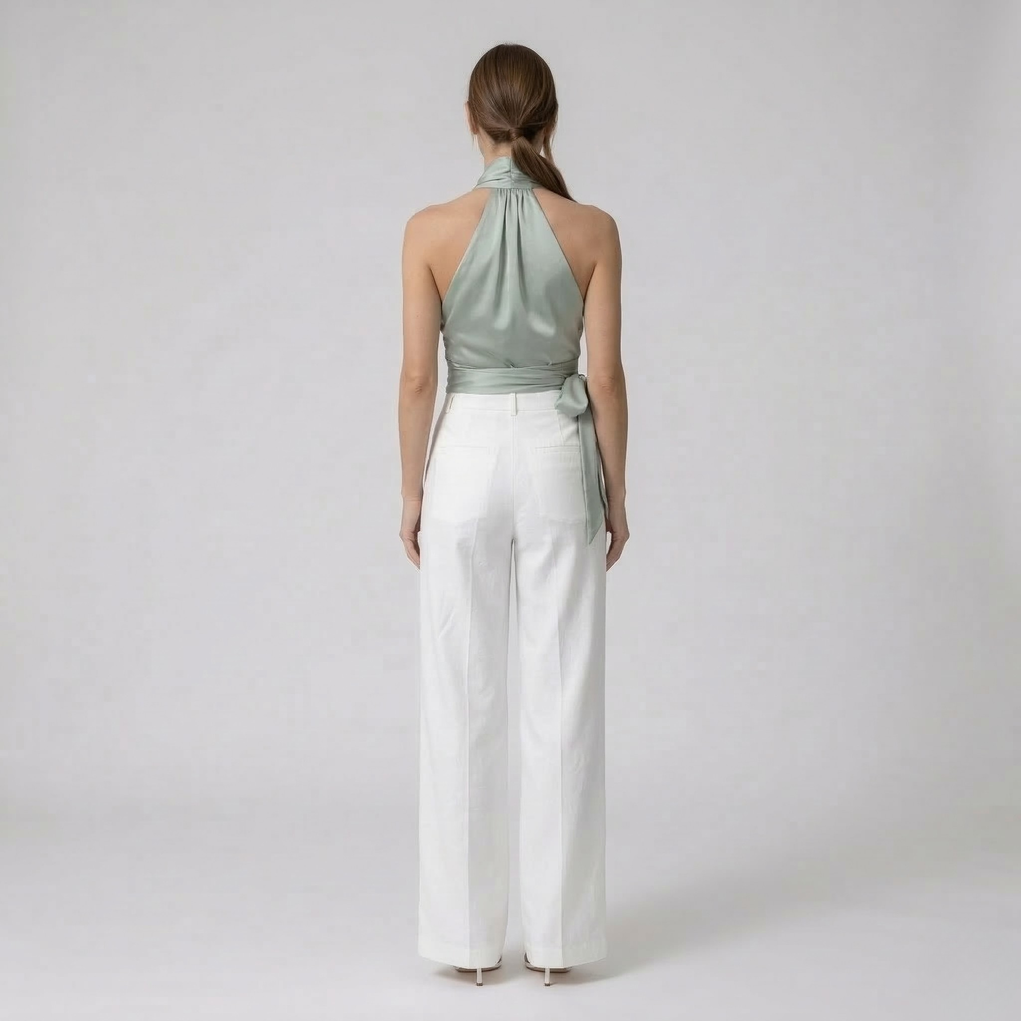 Women's elegant halter neck top with belt sleeveless slim fit blouse