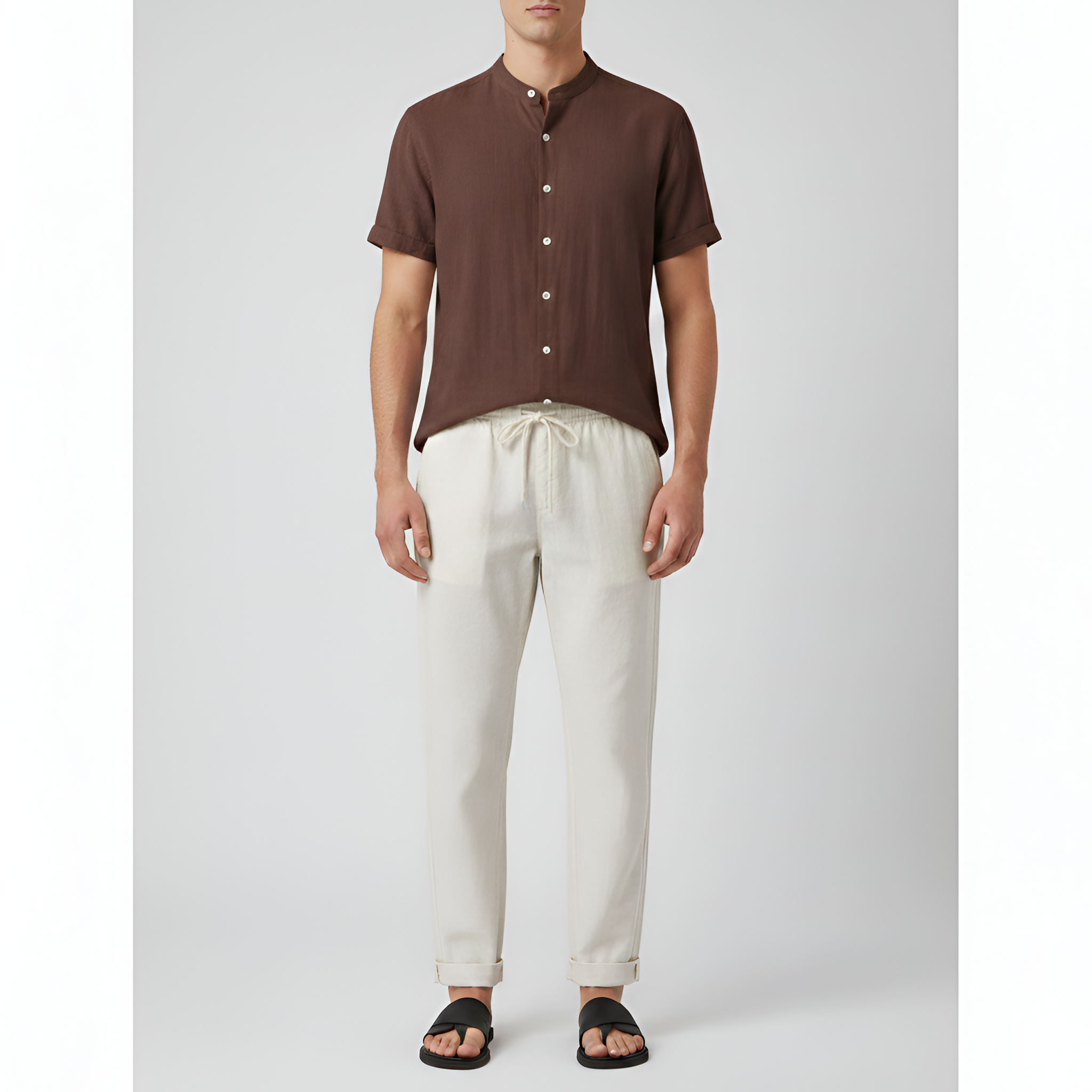 Conjunto Homem Camisa e Calças em Linho com Manga Curta e Ajuste Regular