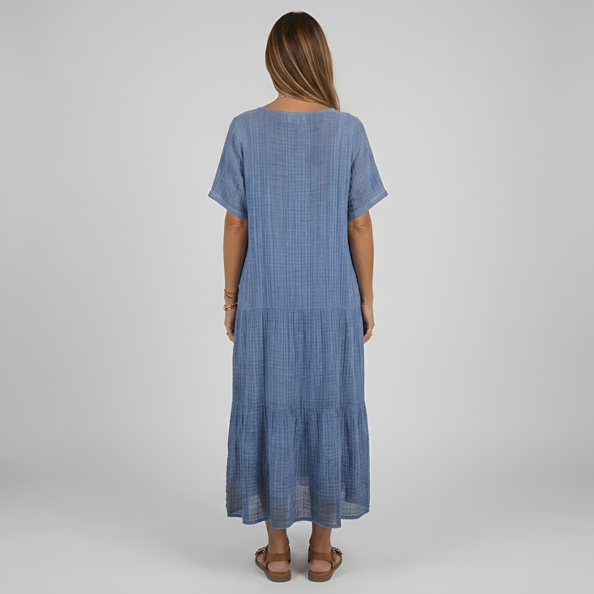 Długa sukienka damska z dekoltem w serek, krótki rękaw, letnia sukienka casual, luźna sukienka damska