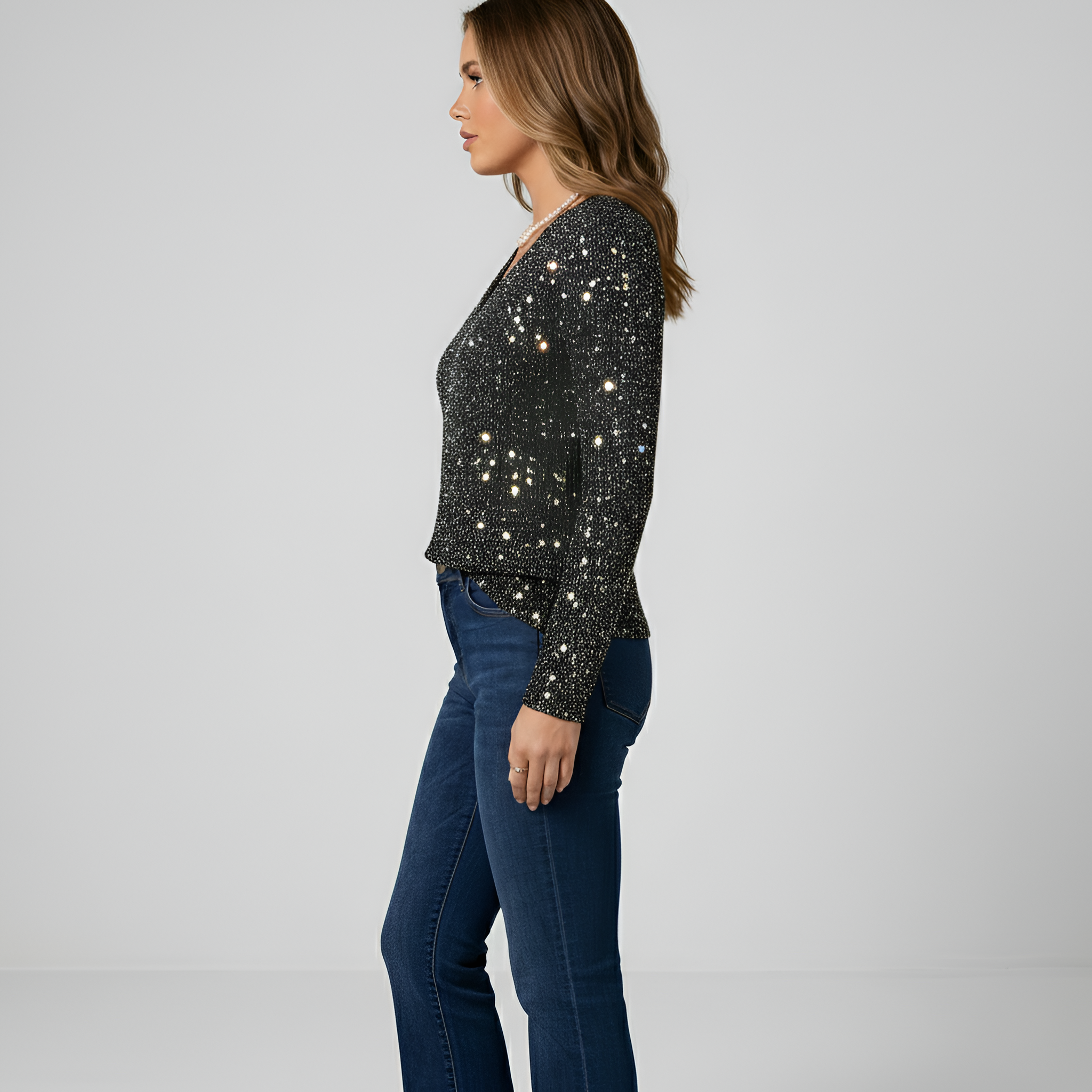 Blusa de mujer con brillo, escote en V, manga larga, ajuste regular