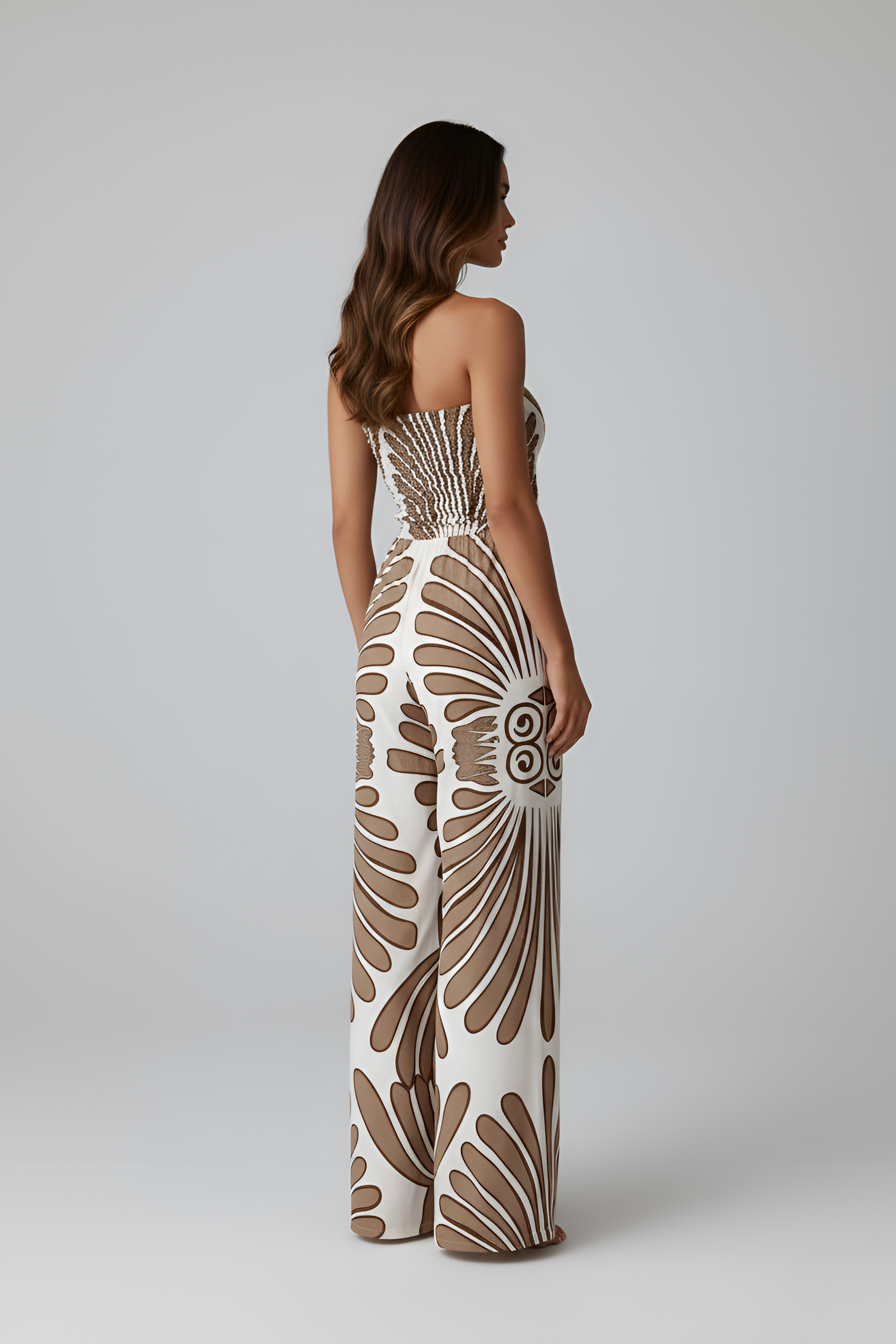 Női hosszú ruha pánt nélkül mintával, elegáns hétköznapi nyári viselet