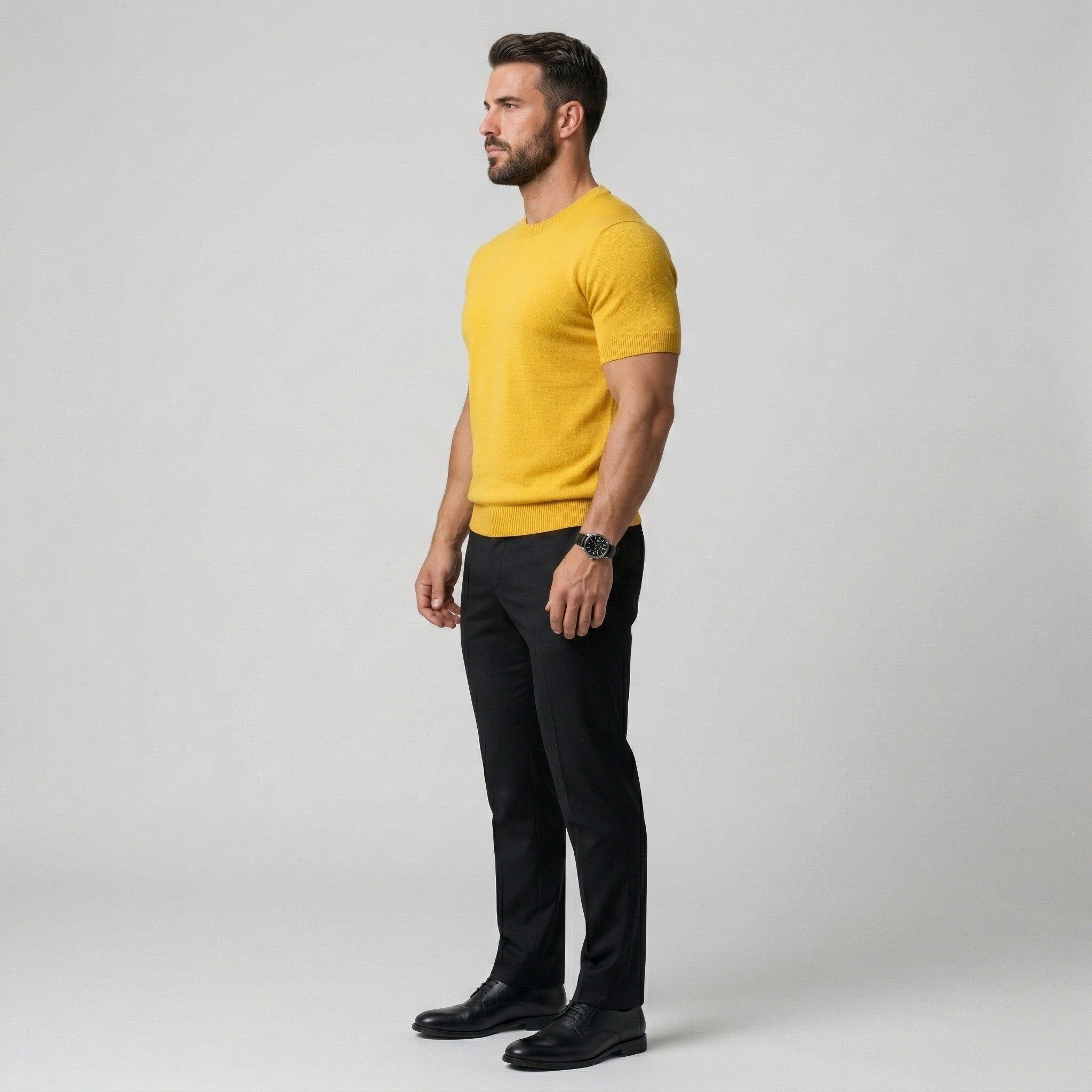 Męski sweter z krótkim rękawem z bawełny, lekki, casual, o dopasowanym kroju, z okrągłym dekoltem