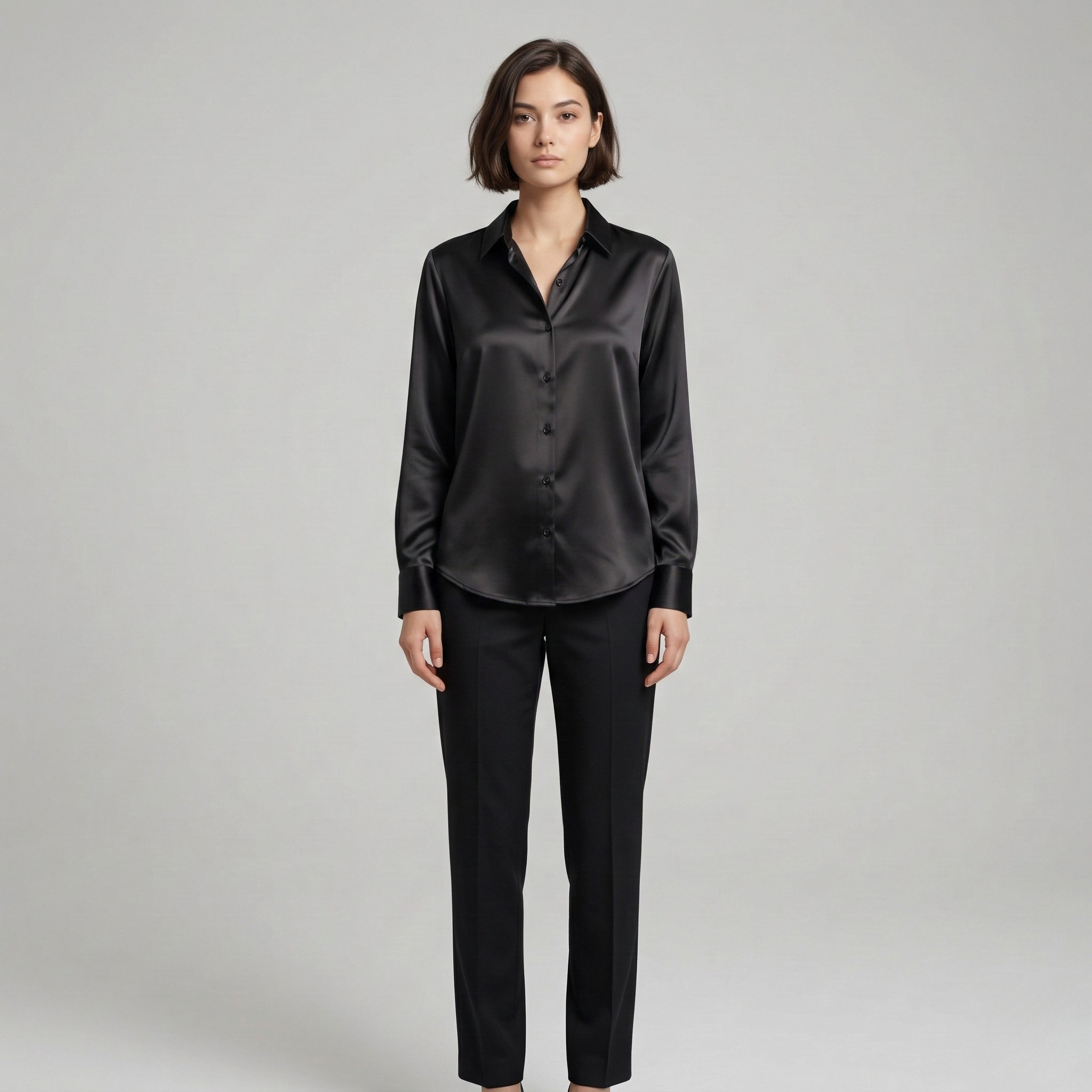 Elegáns női szatén ing hosszú ujjú gombokkal, klasszikus női blúz