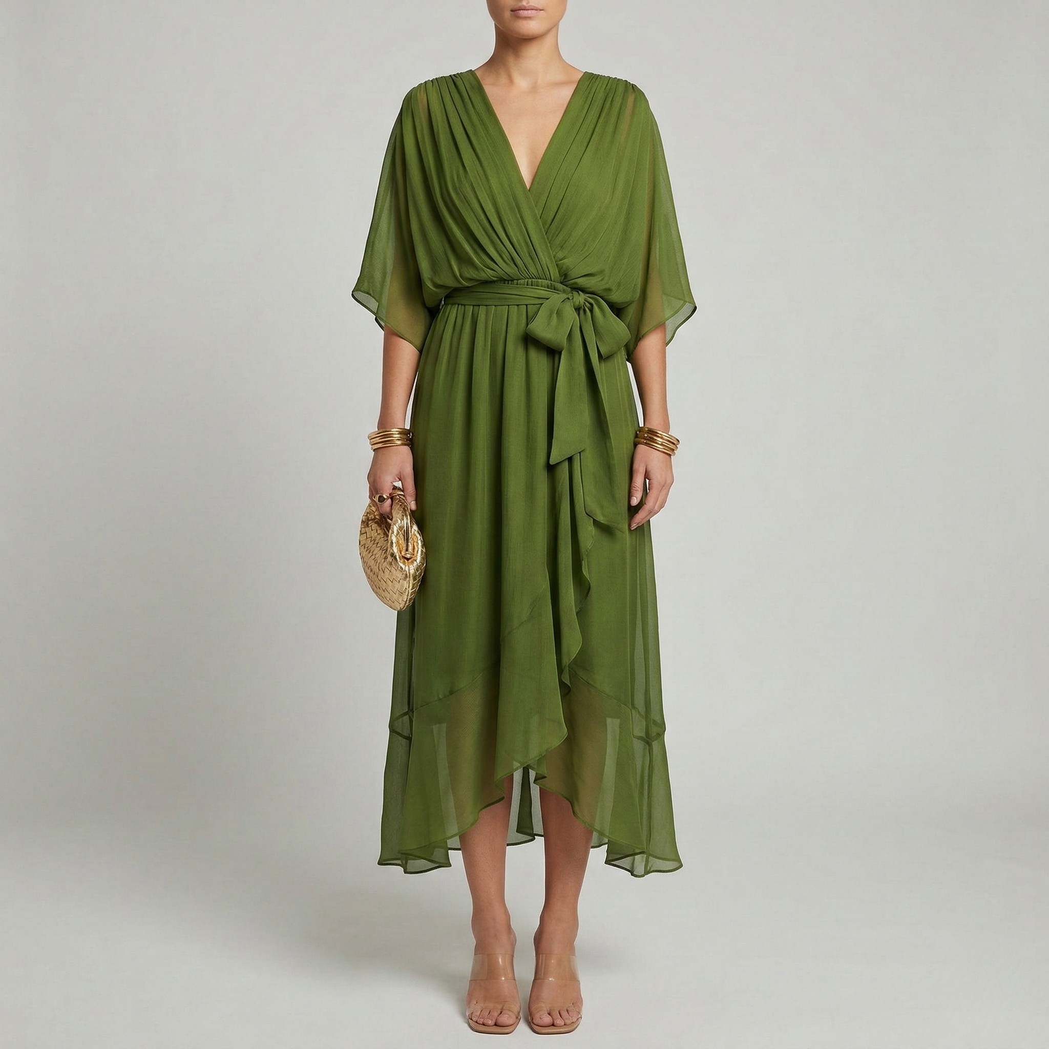 Vestido longo de mulher com decote em V e cinto, vestido elegante de verão com mangas largas