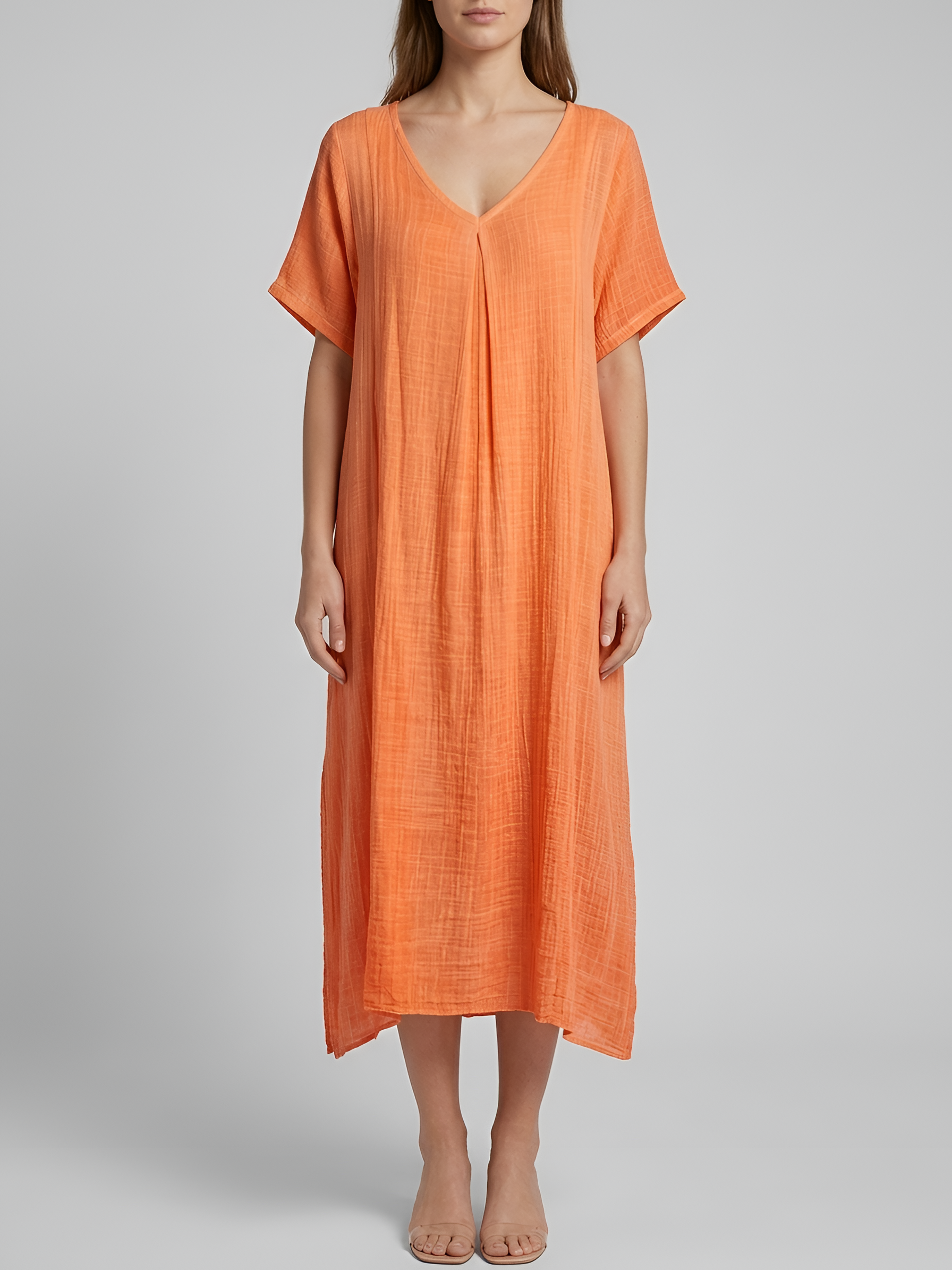 Długa sukienka damska z dekoltem w serek, krótki rękaw, letnia sukienka casual, luźna sukienka damska