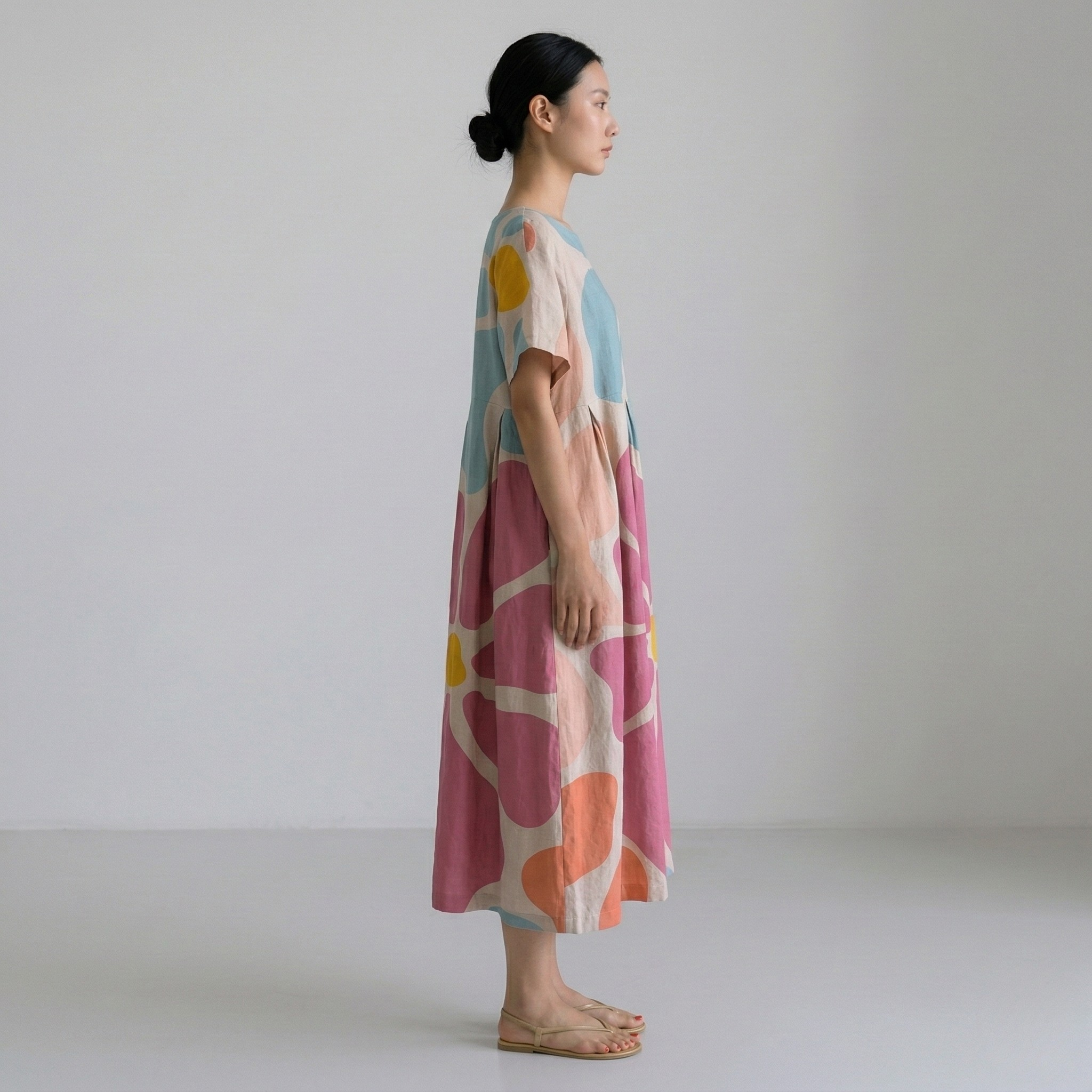 Vestido longo de mulher em algodão com estampado floral, mangas curtas, vestido largo de verão casual