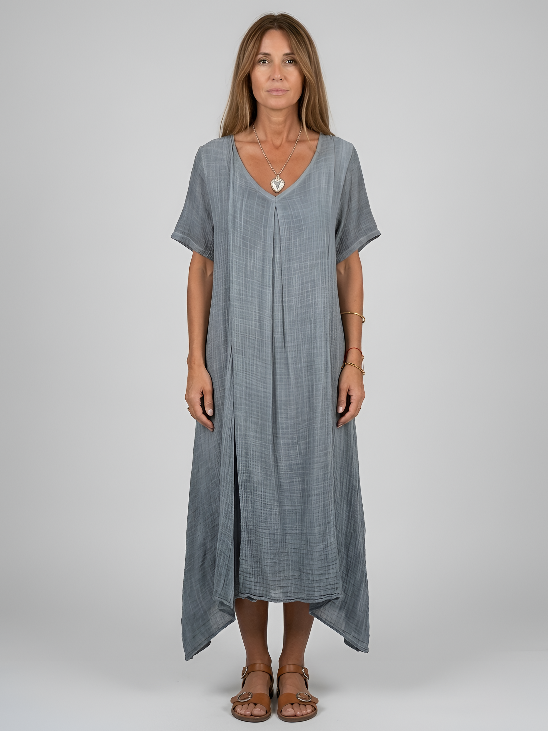 Długa sukienka damska z dekoltem w serek, krótki rękaw, letnia sukienka casual, luźna sukienka damska