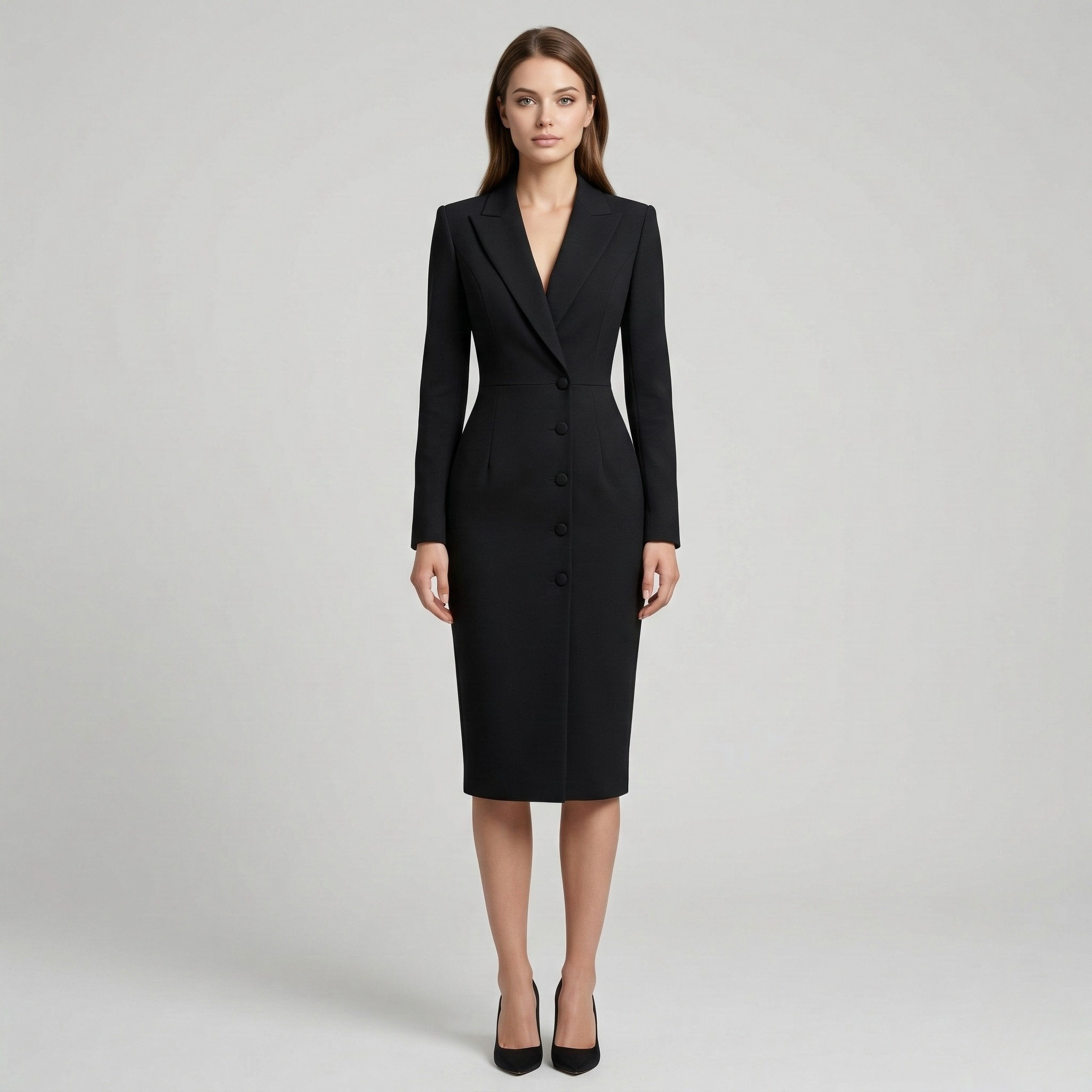 Vestito blazer donna midi elegante abito sartoriale con bottoni maniche lunghe