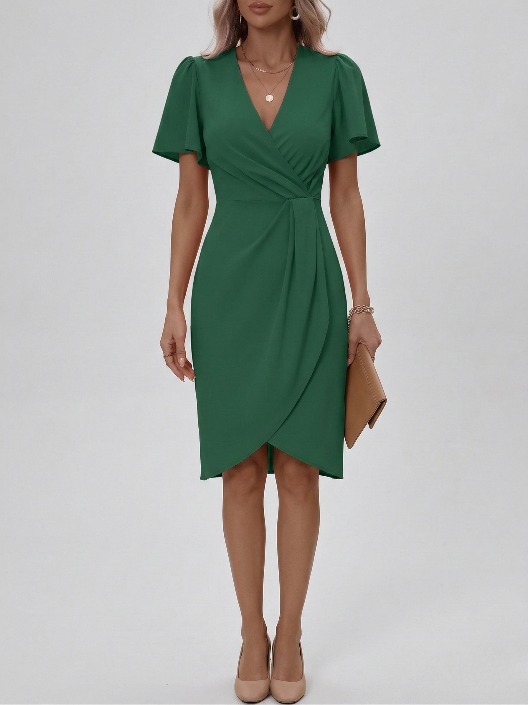Elegant women's dress with V-neck, midi wrap dress, short sleeves, slim fit