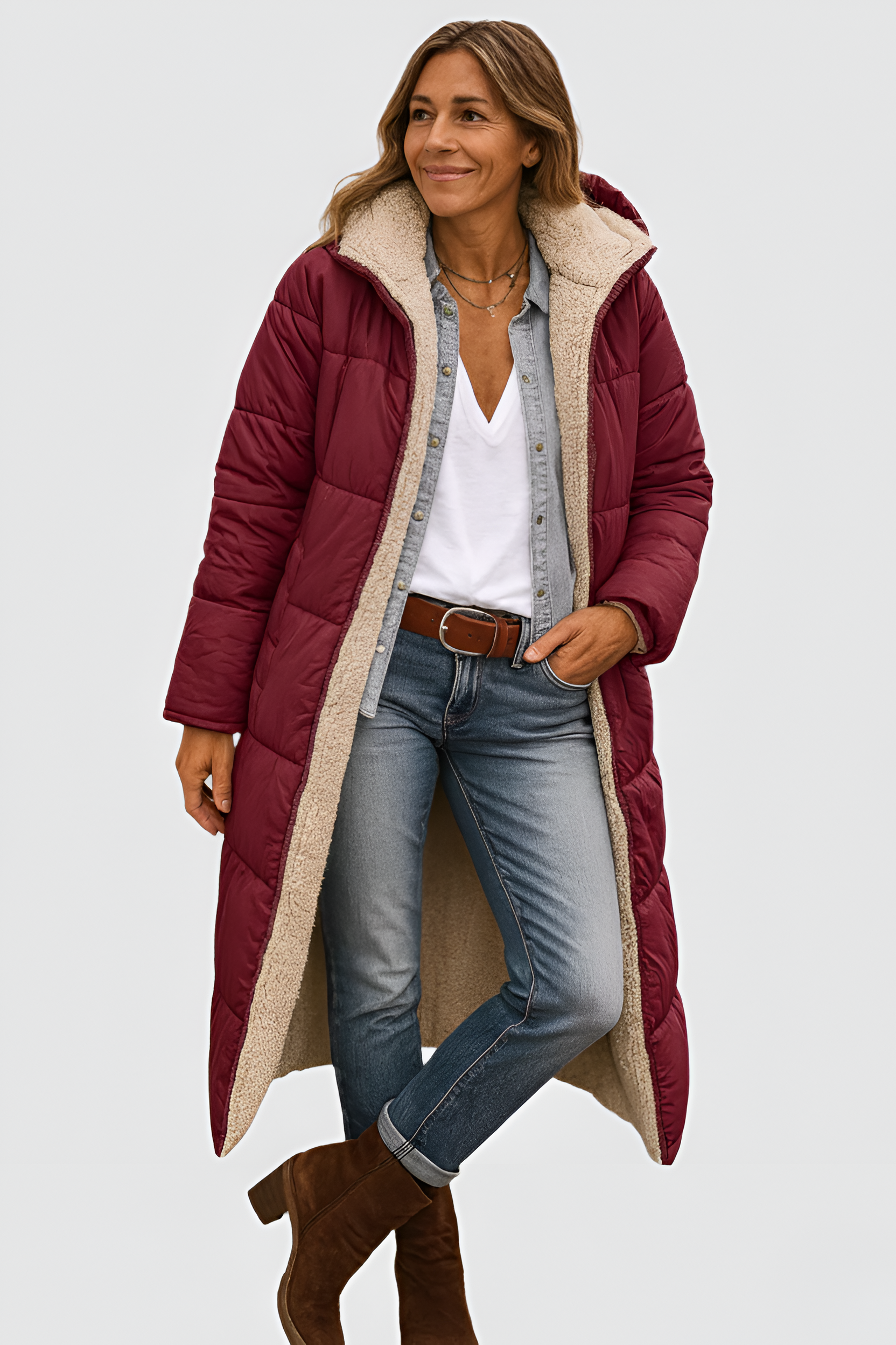 Valerios Fashion dlouhý dámský péřový kabát s podšívkou z beránčí kůže