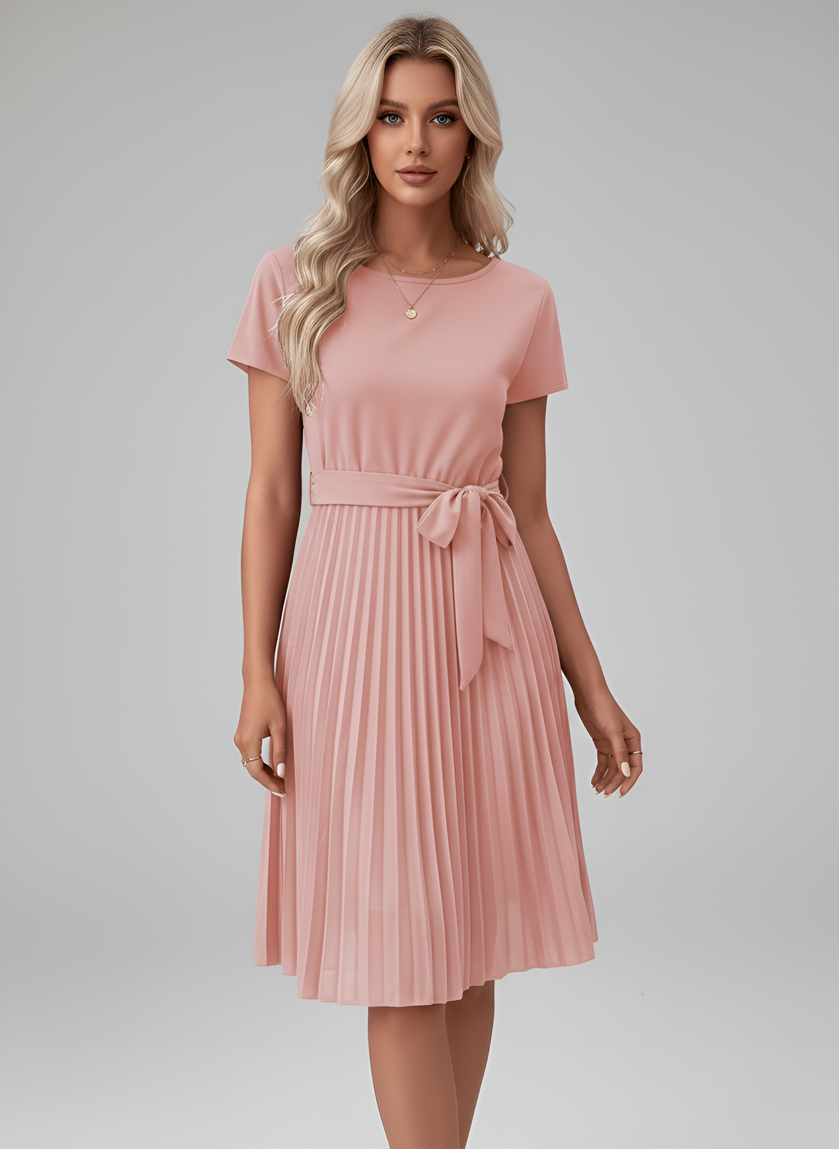 Midi plisované šaty pre ženy s opaskom a krátkymi rukávmi z ľahkej tkaniny