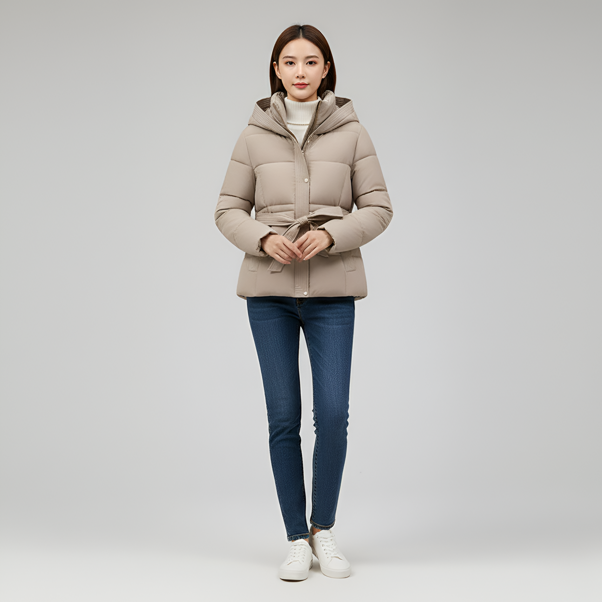 Valerios Fashion plumífero de mujer con capucha y cinturón acolchado para invierno