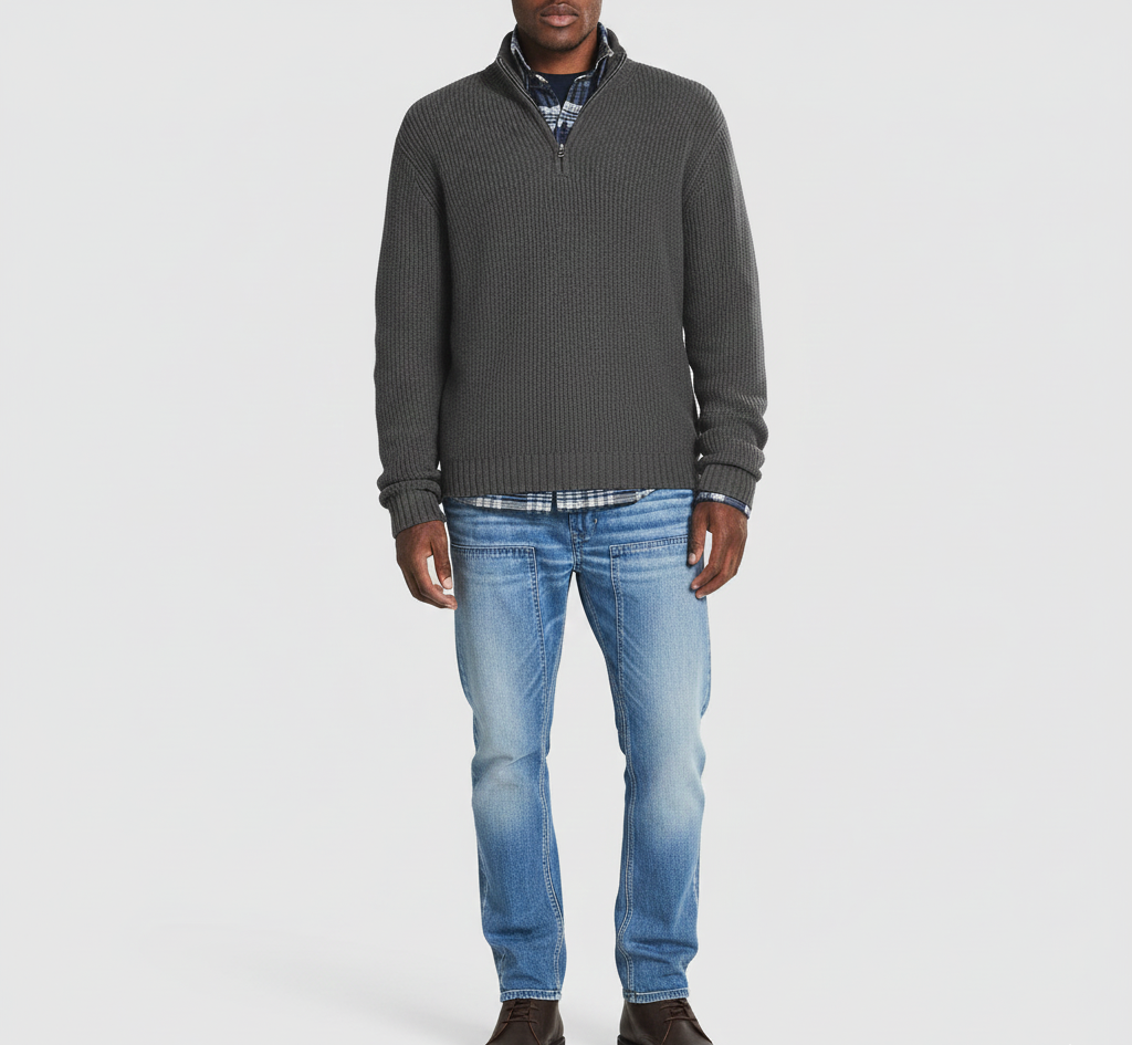 Valerios Fashion pull homme à fermeture éclair col montant en coton