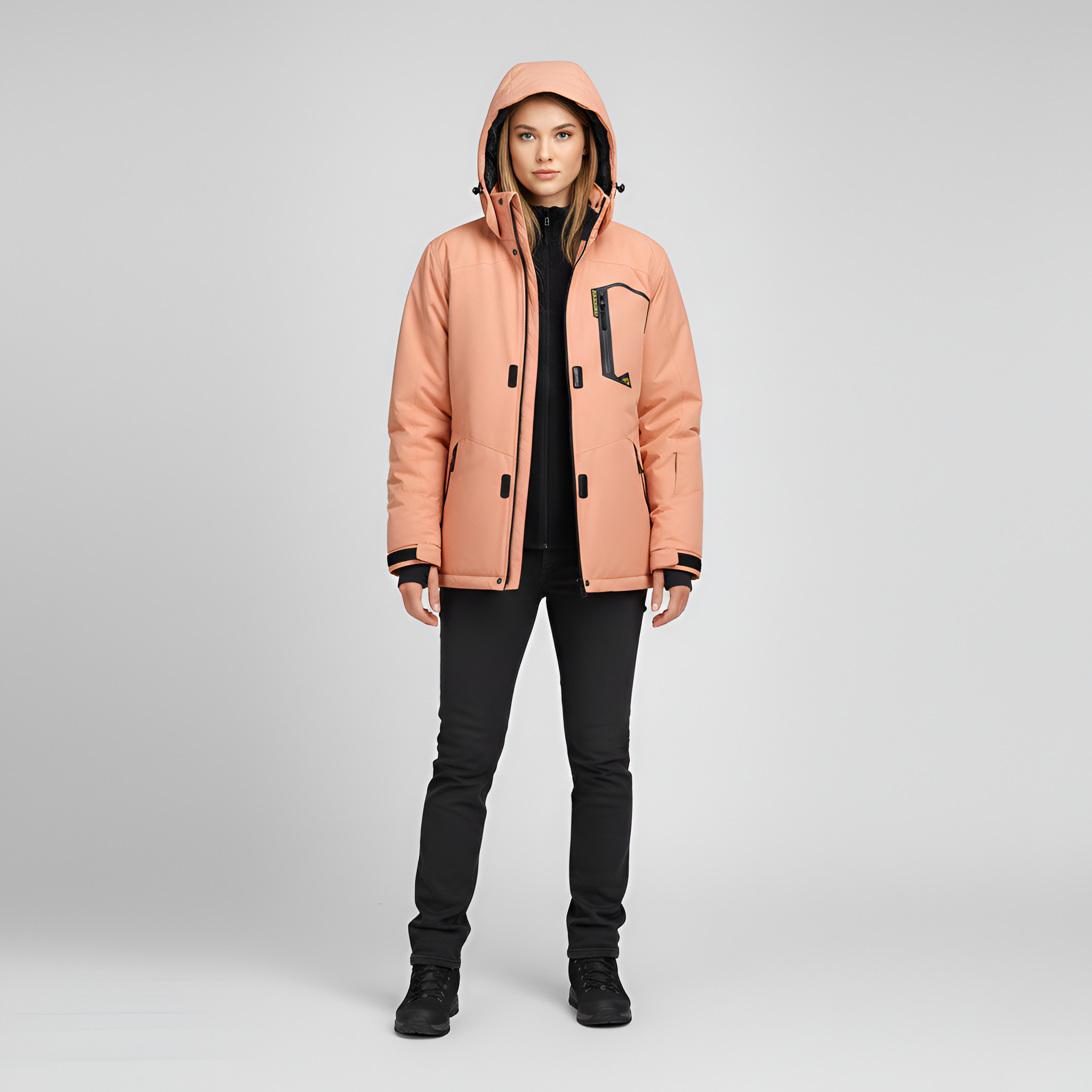 Chaqueta exterior impermeable para mujer con capucha y relleno térmico