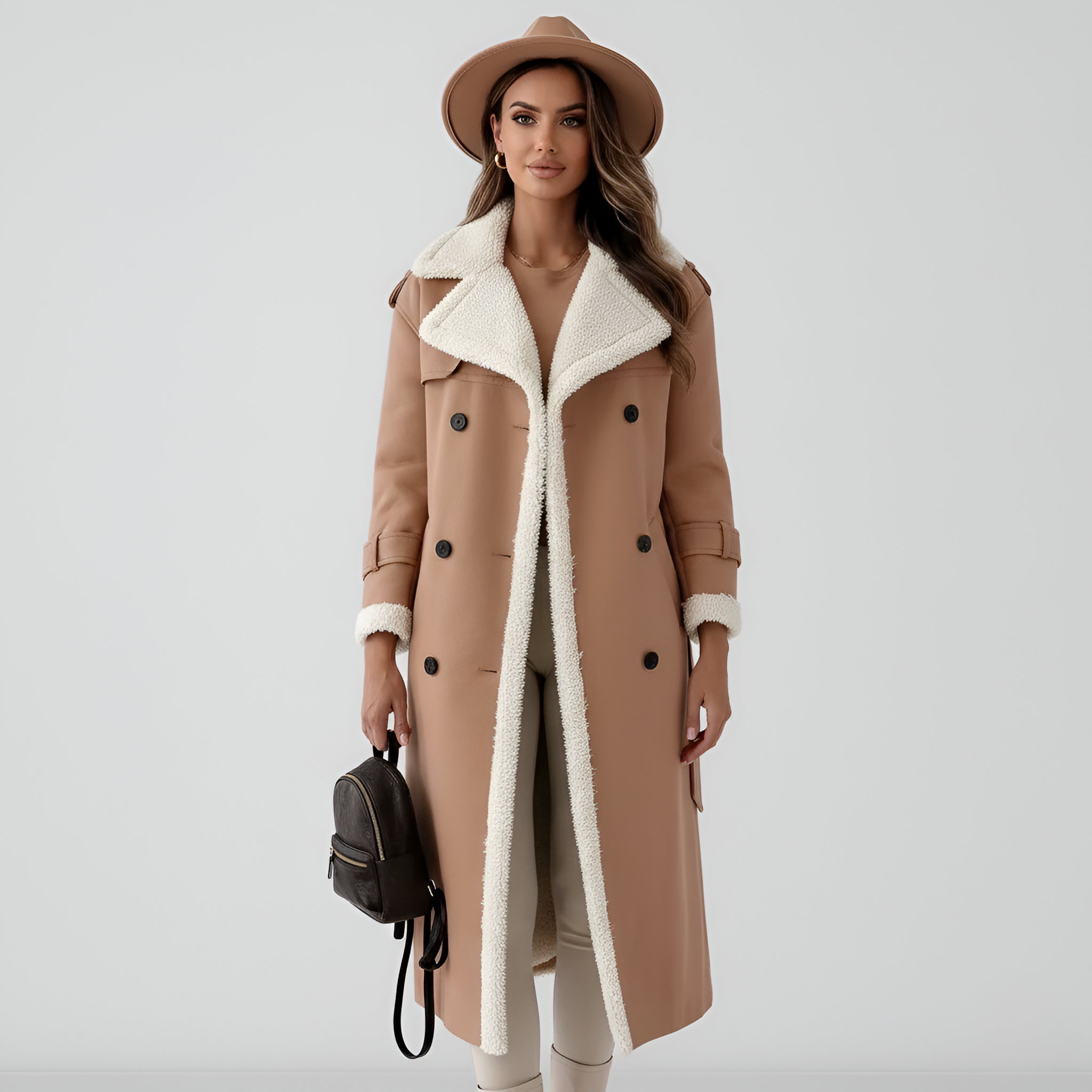 Valerios Fashion μακρύ παλτό από δερματίνη με φόδρα shearling για γυναίκες