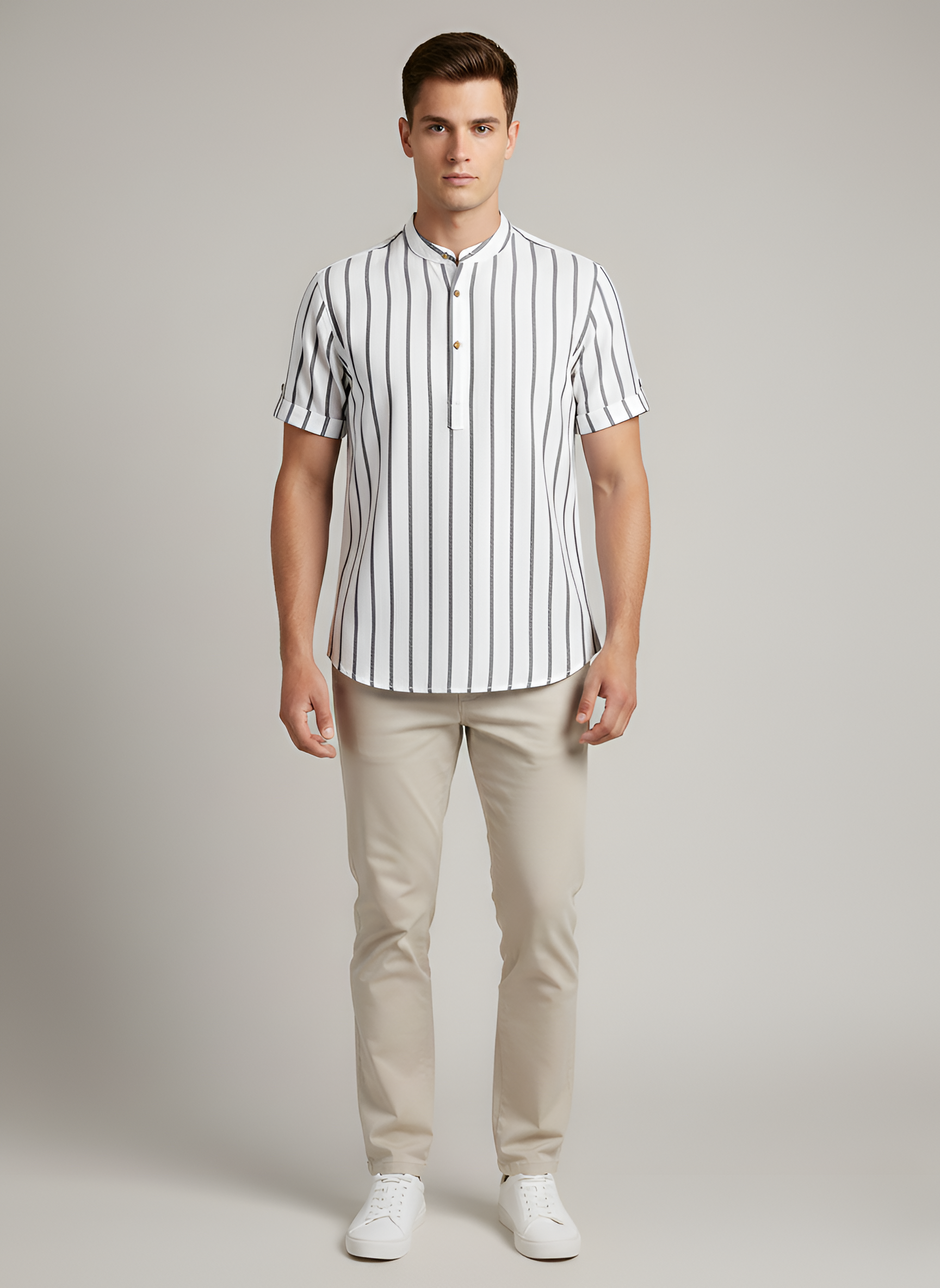 Cămașă bărbați cu dungi mânecă scurtă cu guler coreean din bumbac