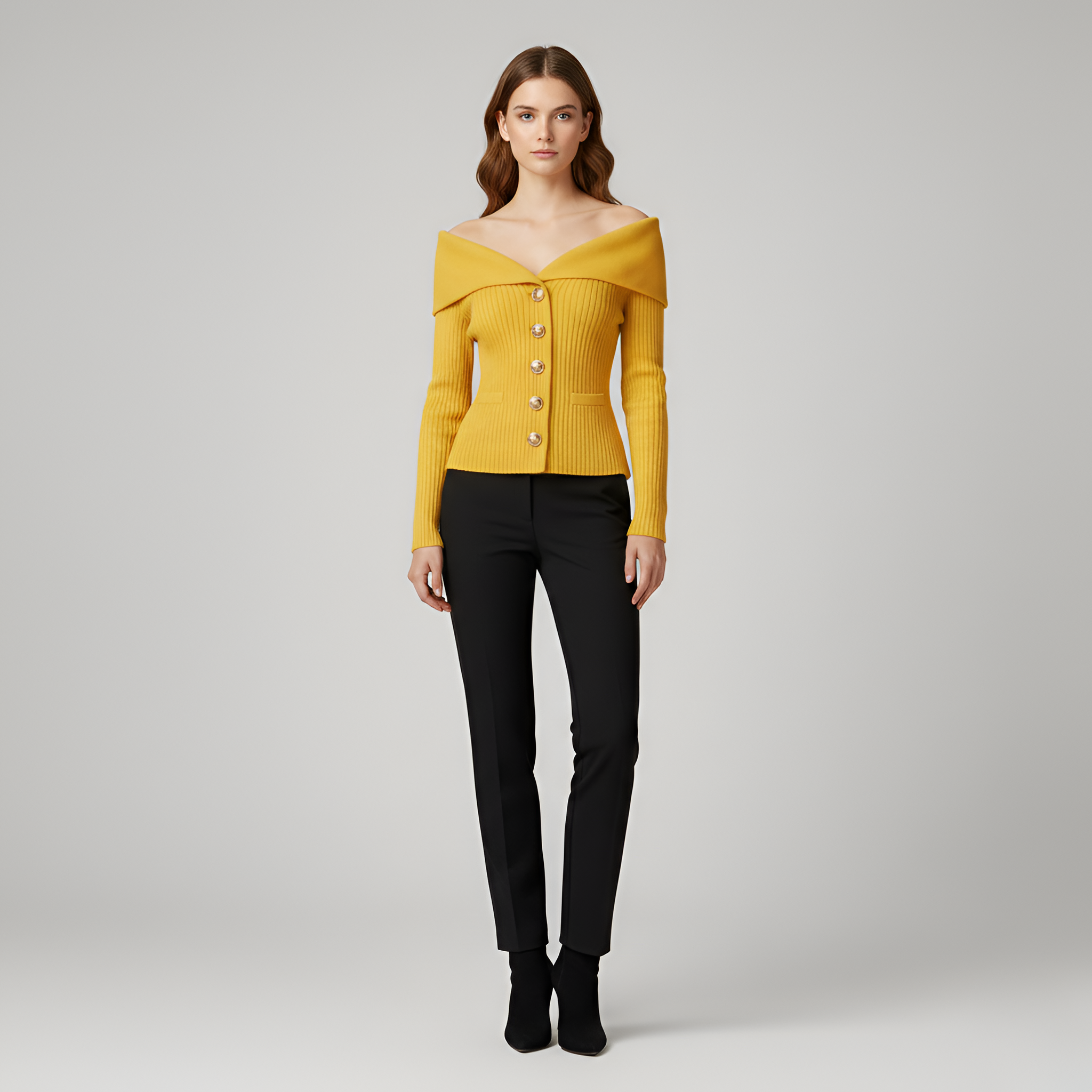 Női bordázott kardigángombos V-nyakú szűk szabású pulóver