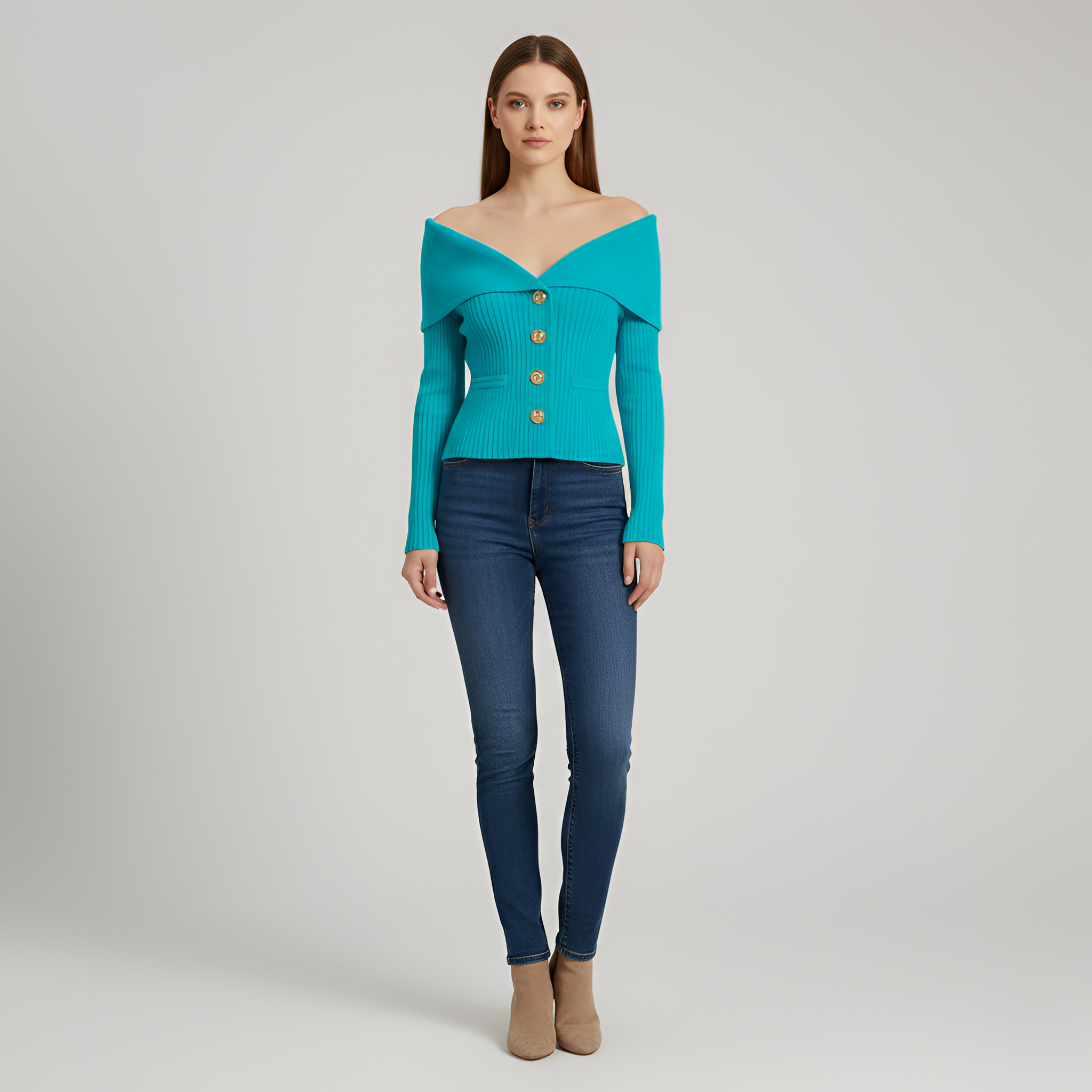 Női bordázott kardigángombos V-nyakú szűk szabású pulóver