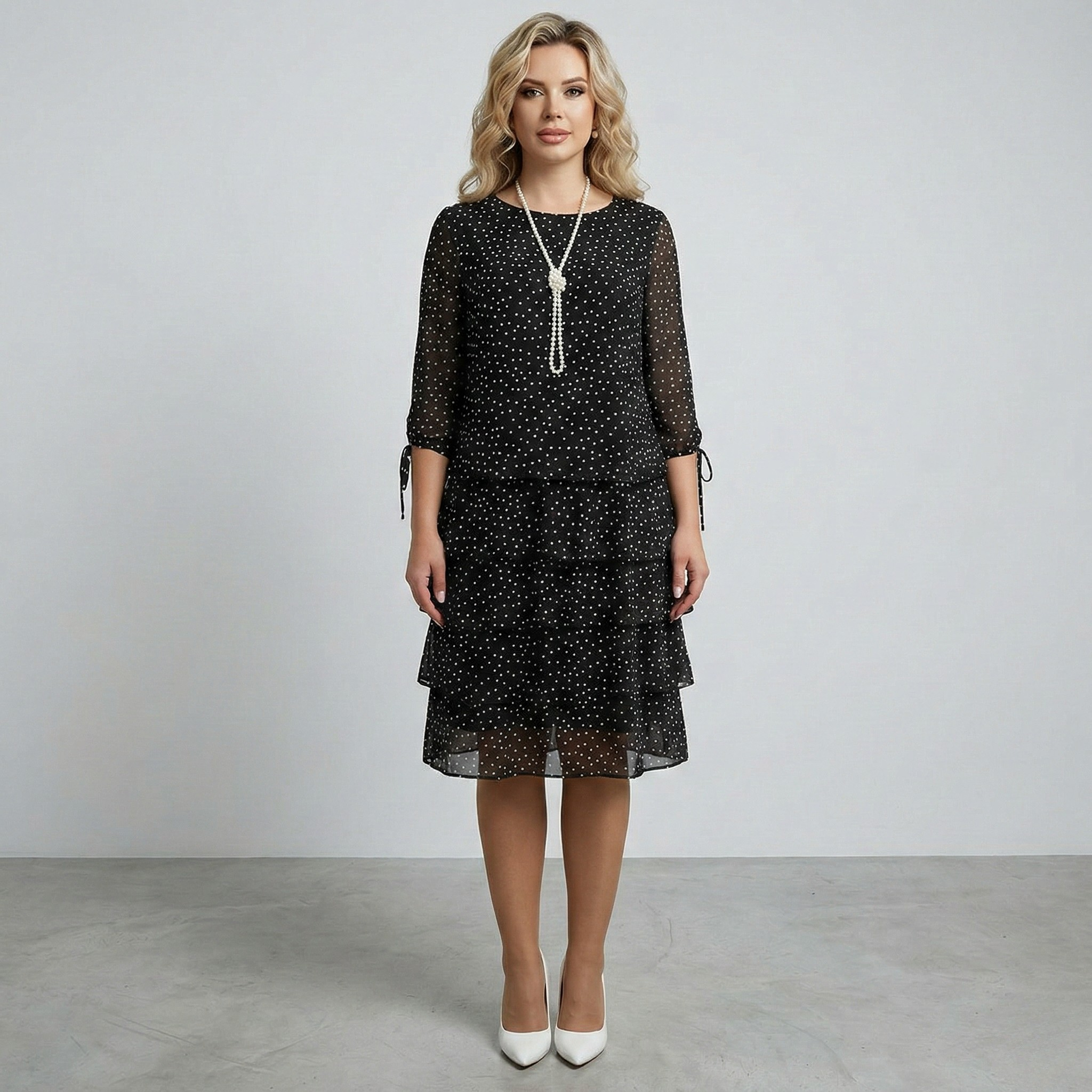 Vestito donna midi a pois con maniche 3/4 e gonna a balze elegante