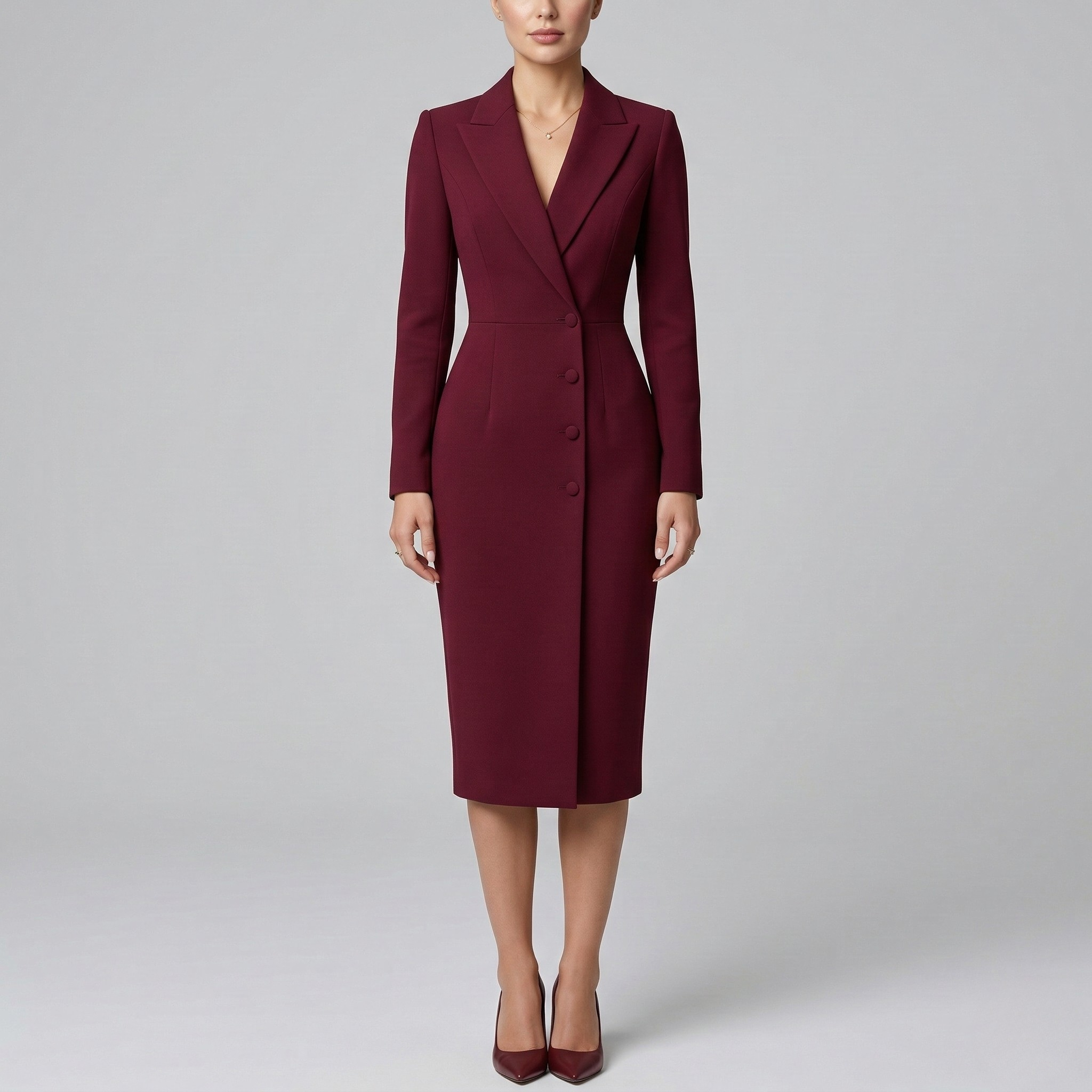 Vestido blazer midi elegante para mulher, vestido de alfaiataria com botões e mangas compridas