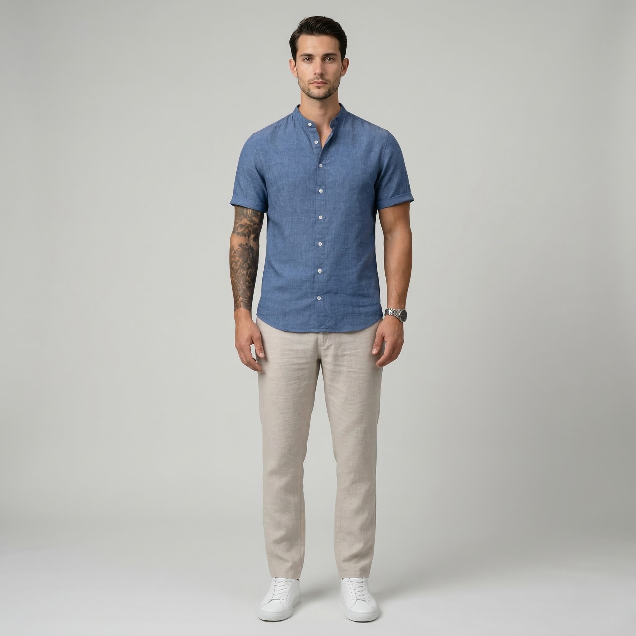 Cămașă bărbați bumbac in mânecă scurtă guler coreean casual de vară cu nasturi