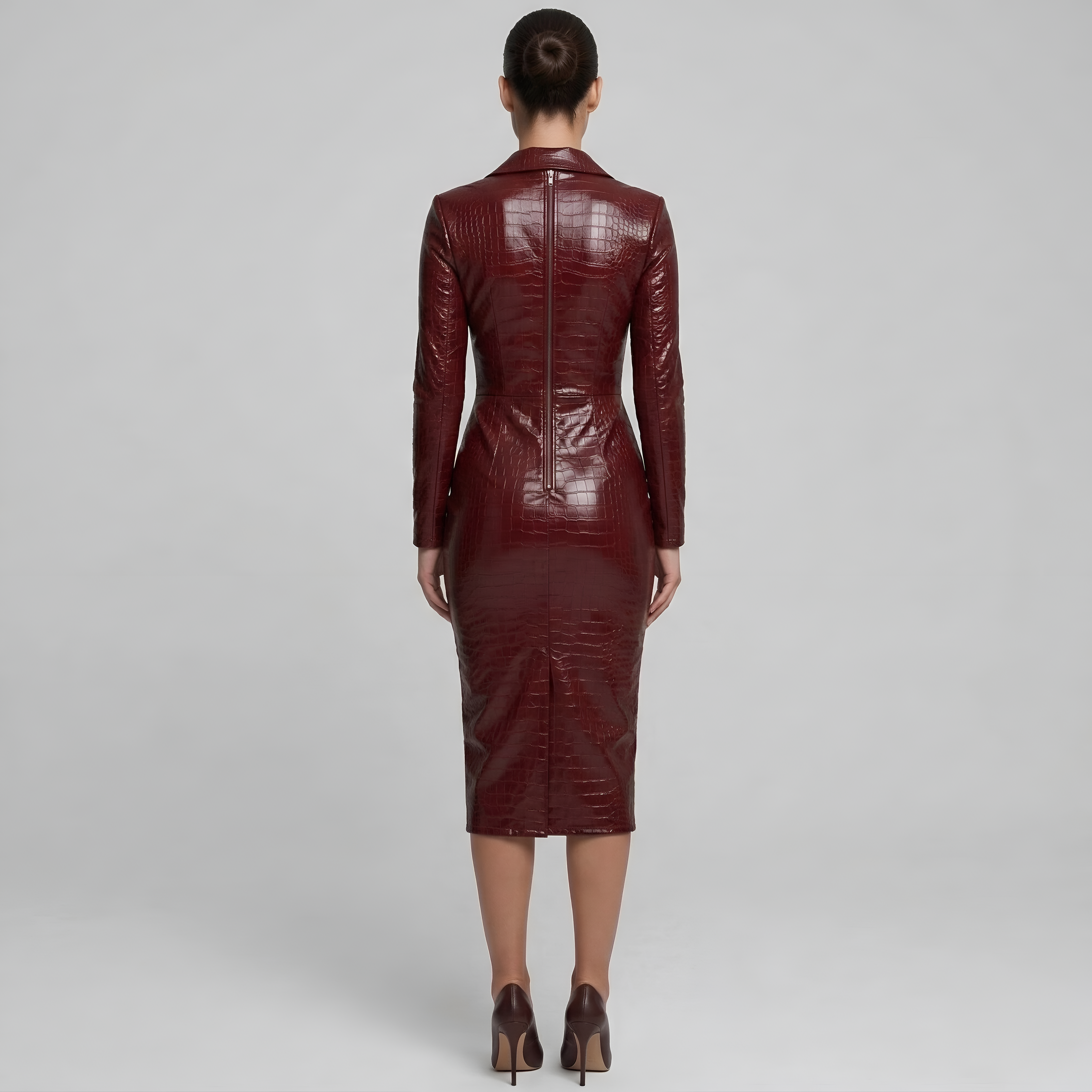 Vestido ajustado de mujer efecto piel con cremallera frontal y mangas largas vestido midi